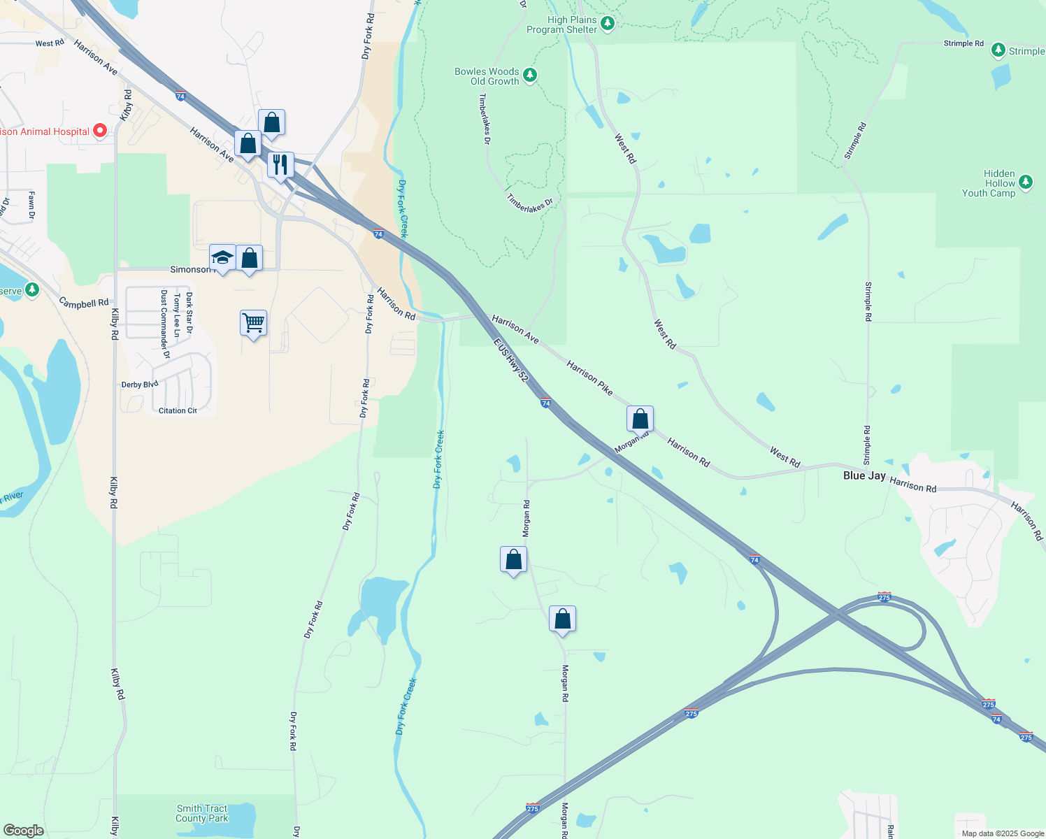 map of restaurants, bars, coffee shops, grocery stores, and more near 7507 Morgan Road in Cleves