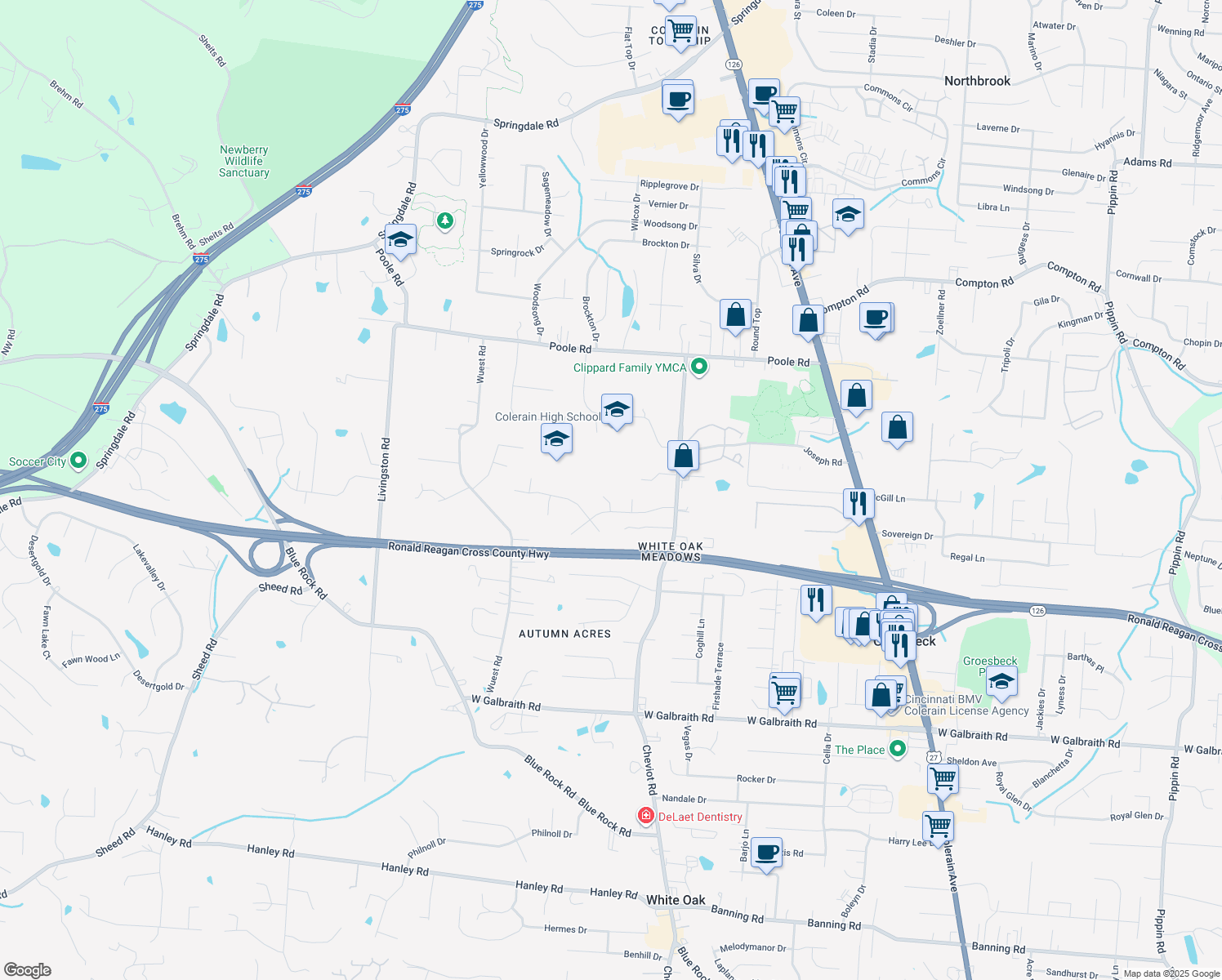 map of restaurants, bars, coffee shops, grocery stores, and more near 8674 Orchardhill Court in Cincinnati