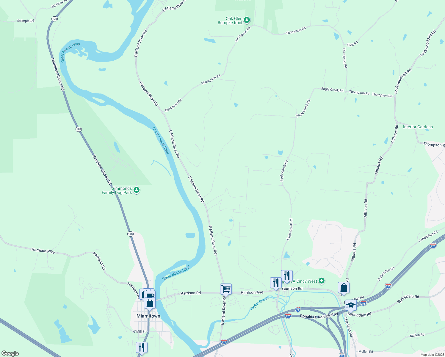 map of restaurants, bars, coffee shops, grocery stores, and more near 7528 East Miami River Road in Cincinnati