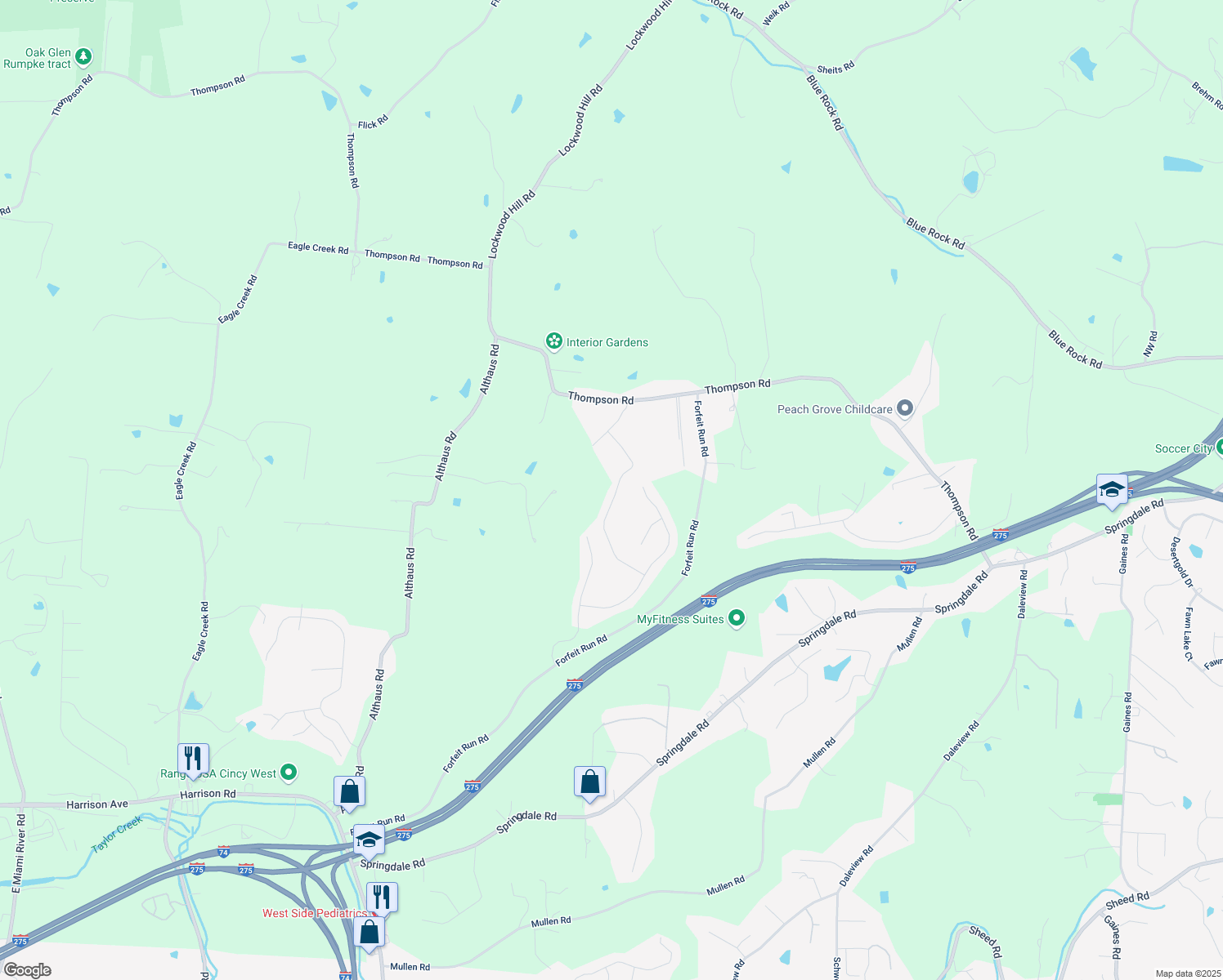 map of restaurants, bars, coffee shops, grocery stores, and more near 8047 Valley Crossing Drive in Cincinnati