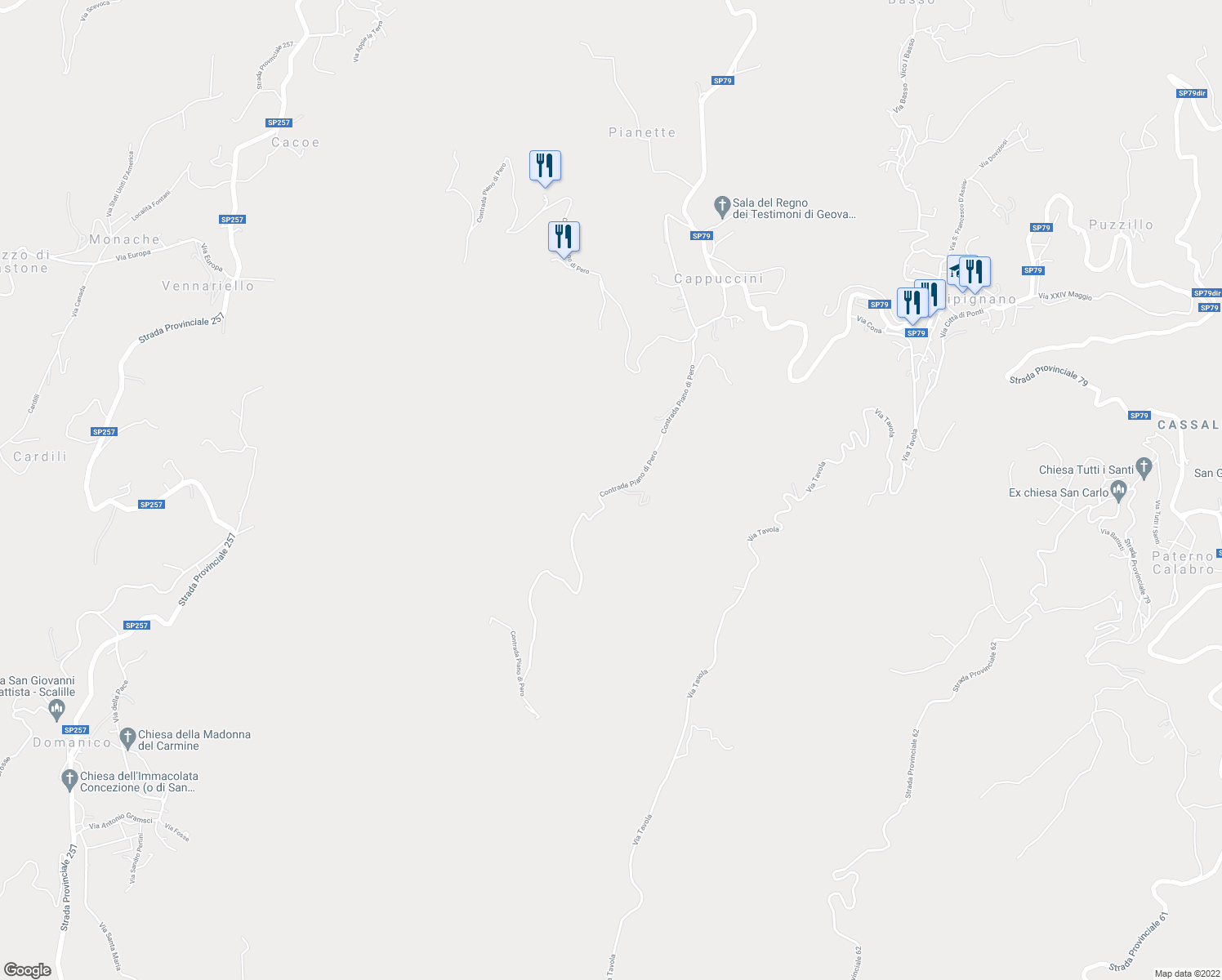 map of restaurants, bars, coffee shops, grocery stores, and more near Contrada Piano di Pero in Provincia di Cosenza