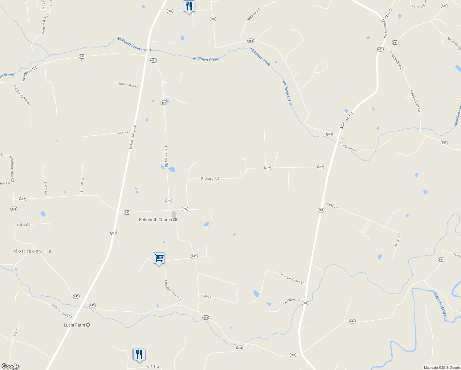 map of restaurants, bars, coffee shops, grocery stores, and more near 39339 Rickard Rd in Lovettsville