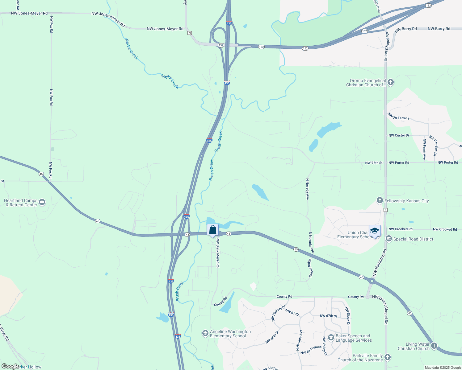map of restaurants, bars, coffee shops, grocery stores, and more near 14510 Northwest 73rd Street in Parkville