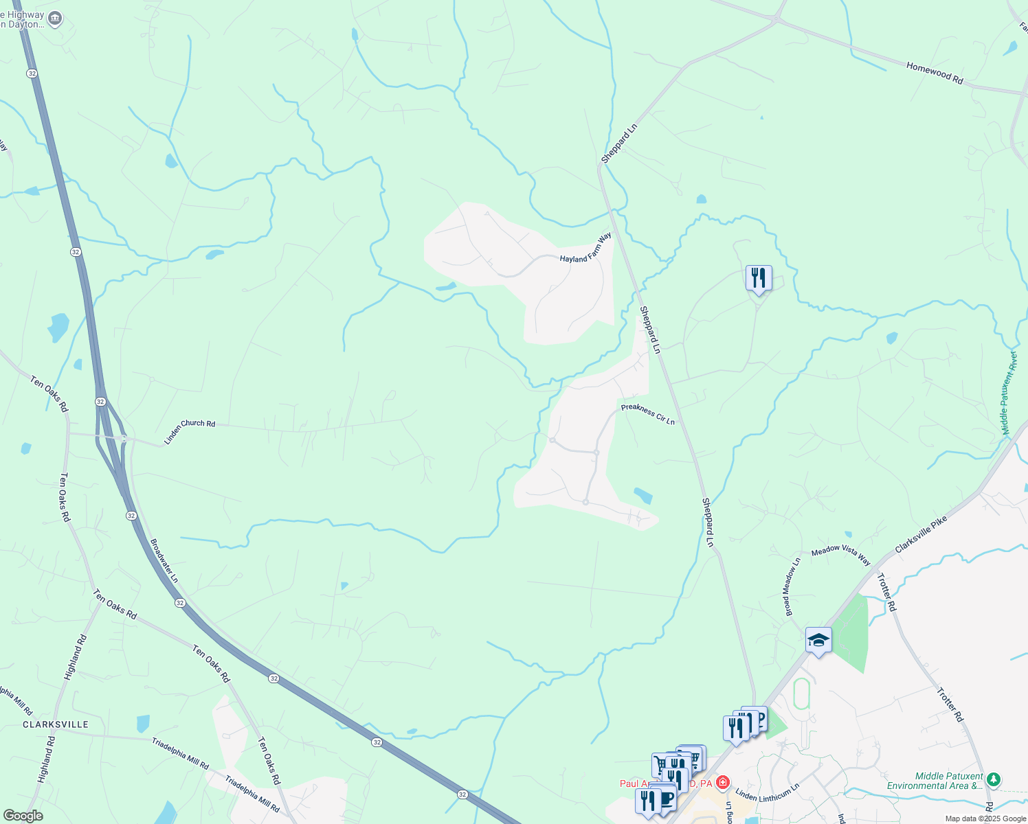 map of restaurants, bars, coffee shops, grocery stores, and more near 5109 Mountain Lane in Clarksville