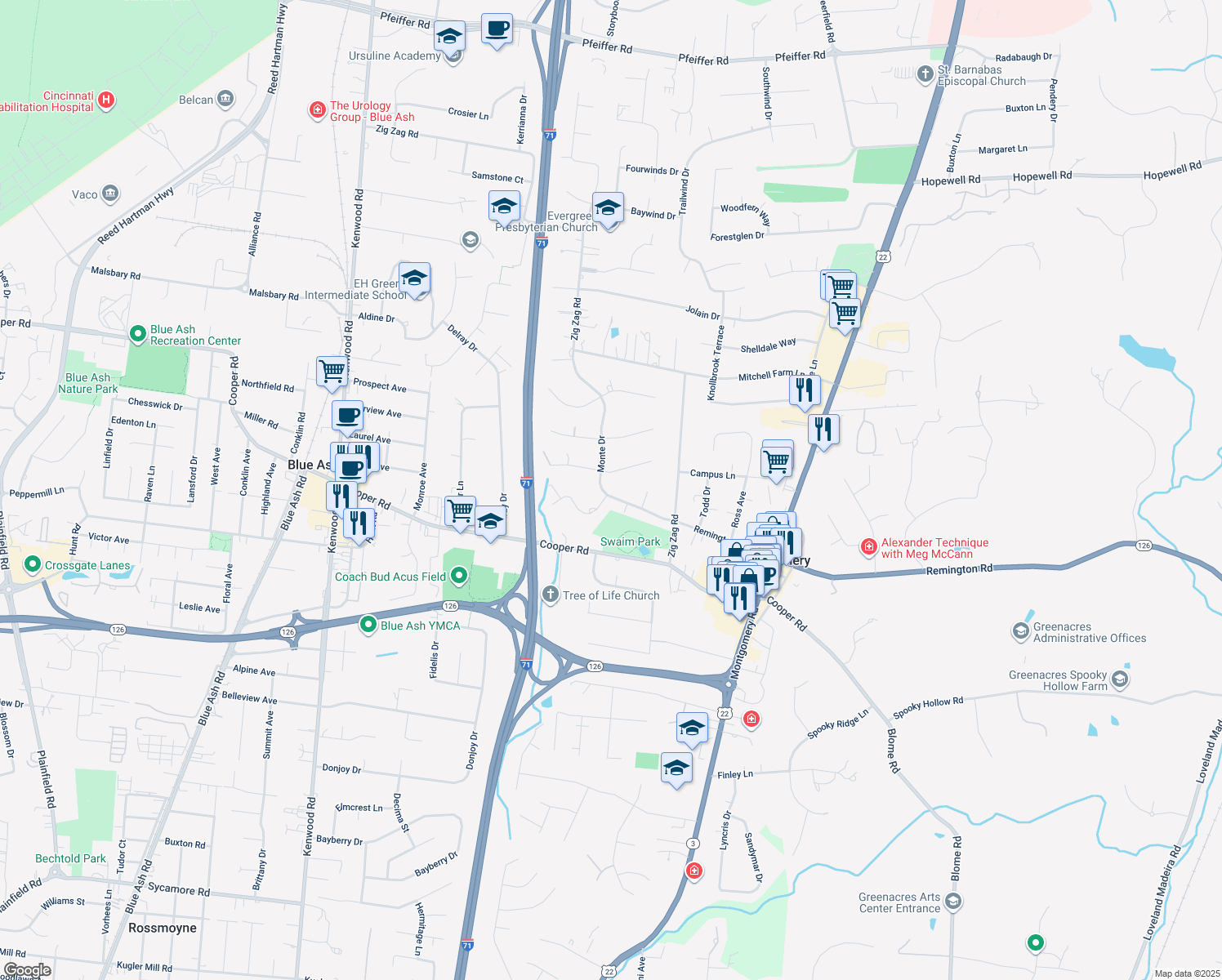 map of restaurants, bars, coffee shops, grocery stores, and more near 8300 Monte Drive in Cincinnati