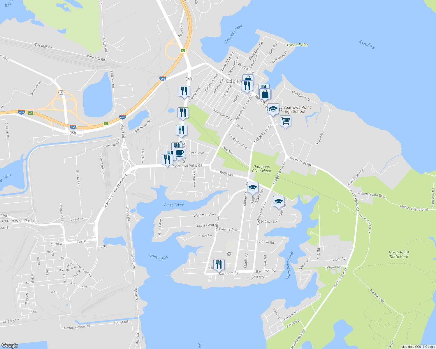 map of restaurants, bars, coffee shops, grocery stores, and more near 2512 Peck Ave in Edgemere