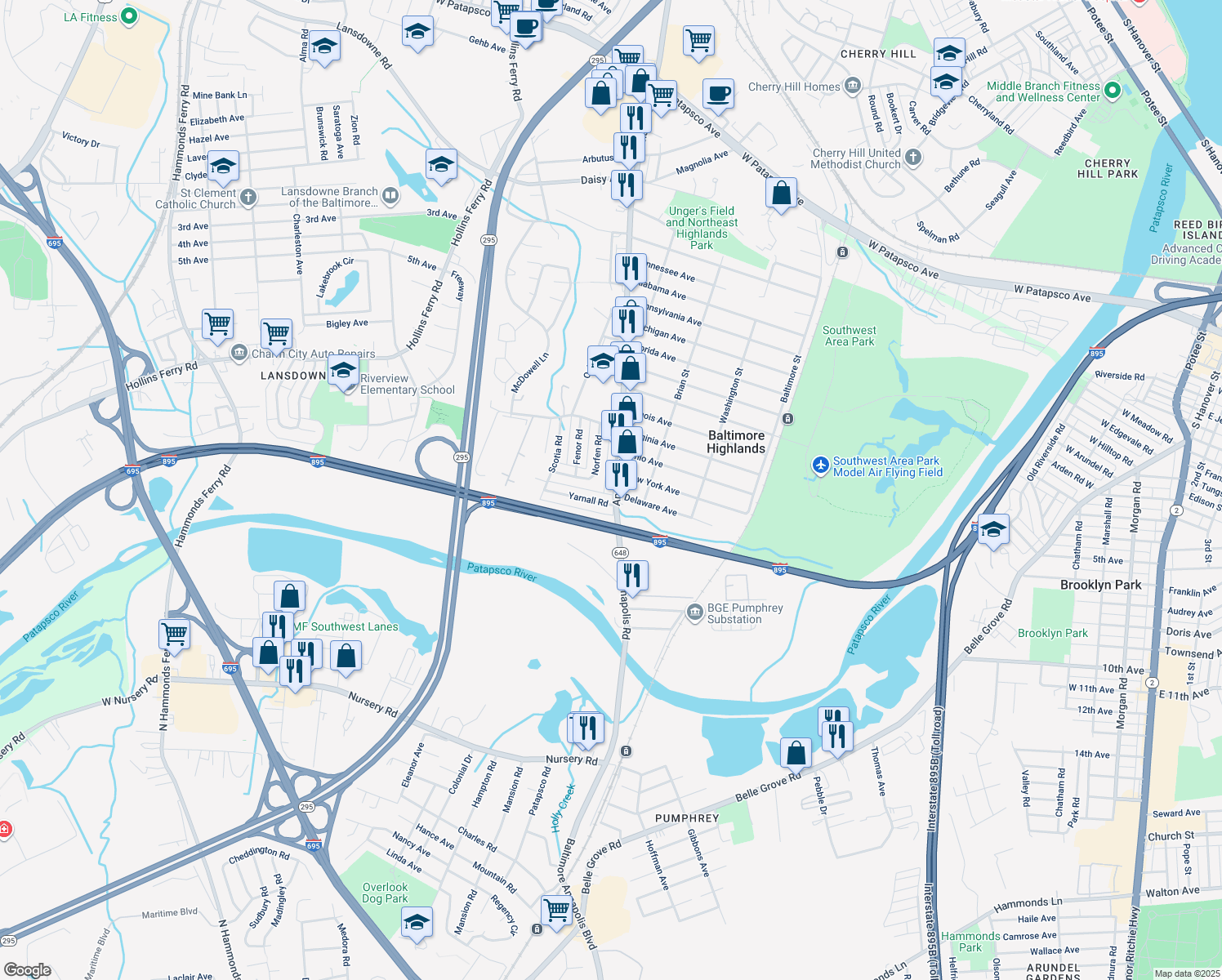 map of restaurants, bars, coffee shops, grocery stores, and more near 4427 Annapolis Road in Halethorpe