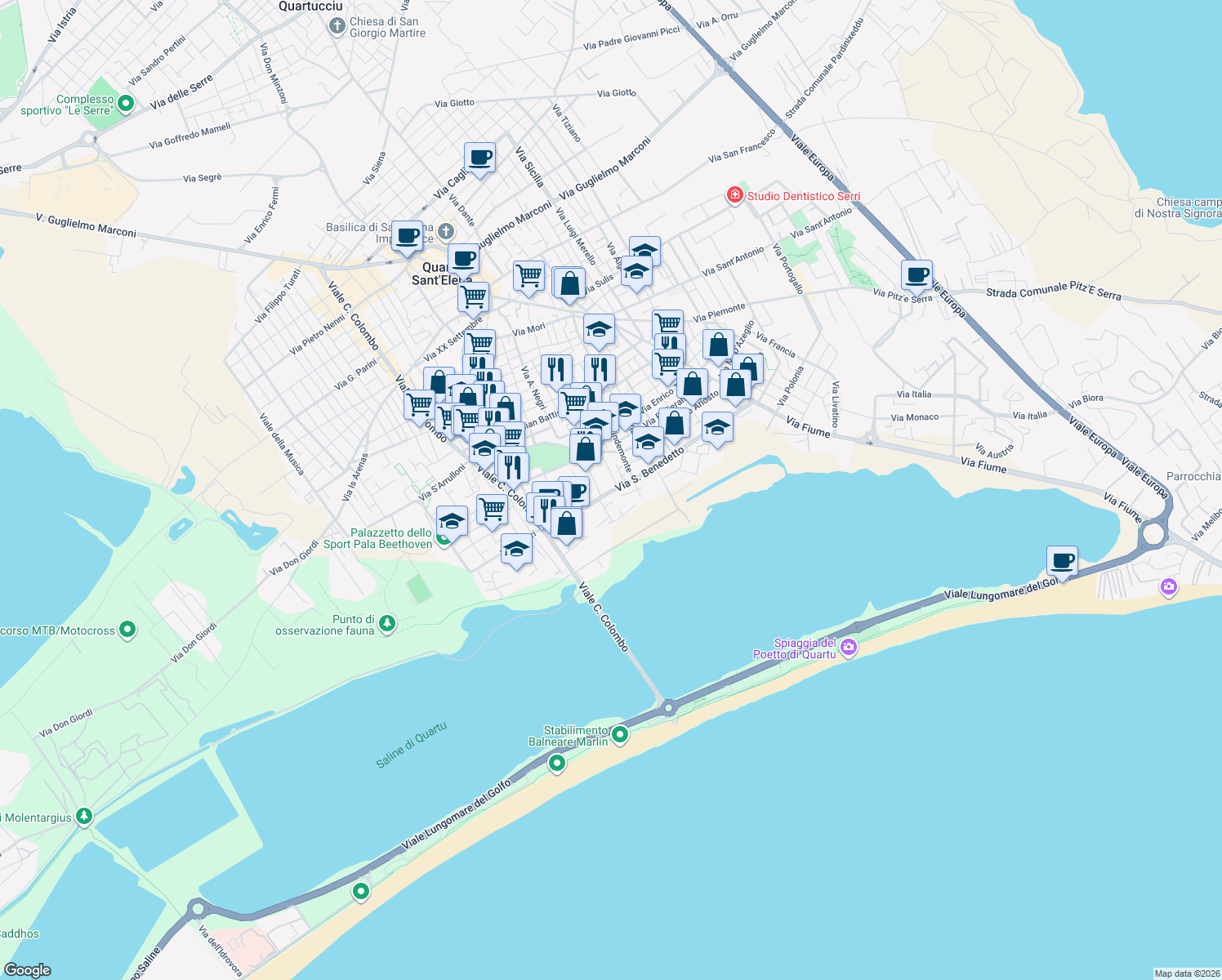 map of restaurants, bars, coffee shops, grocery stores, and more near 44 Via Praga in Quartu Sant'Elena