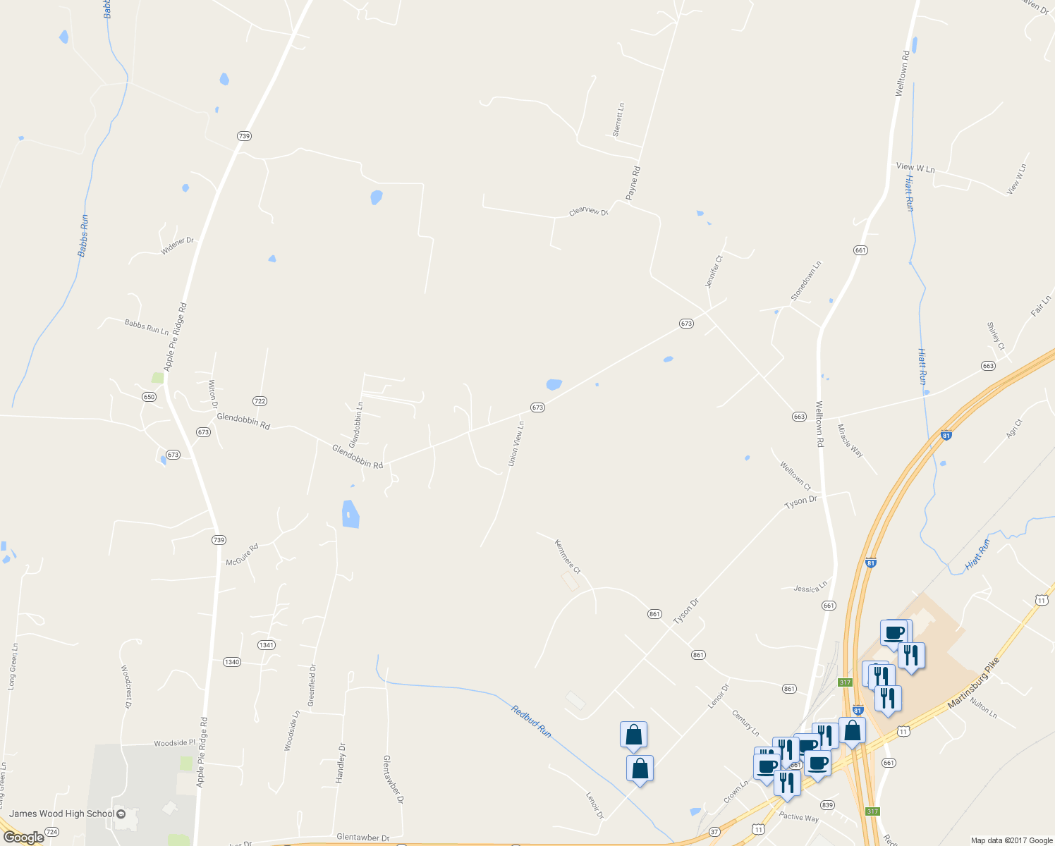 map of restaurants, bars, coffee shops, grocery stores, and more near 119 Union View Lane in Winchester