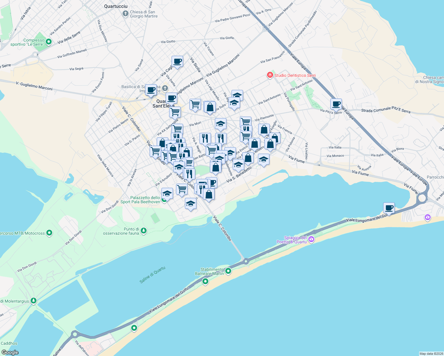 map of restaurants, bars, coffee shops, grocery stores, and more near 44 Via Praga in Quartu Sant'Elena