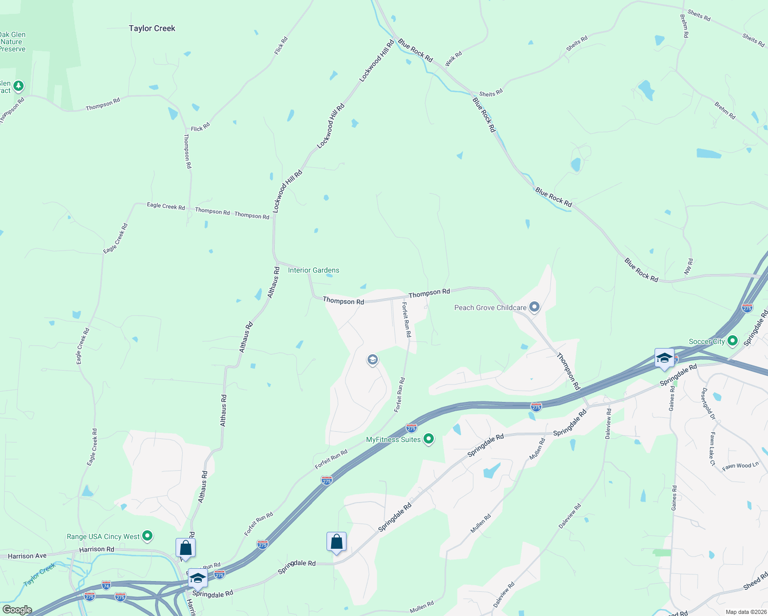 map of restaurants, bars, coffee shops, grocery stores, and more near 6633 Thompson Road in Cincinnati