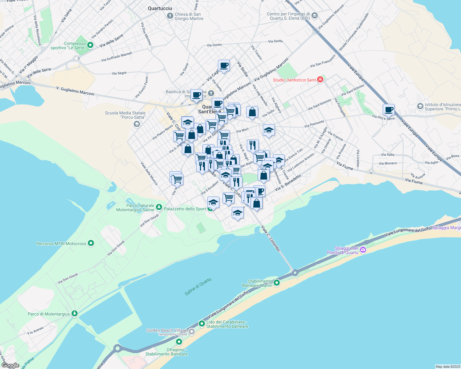 map of restaurants, bars, coffee shops, grocery stores, and more near 60 Via Panzini in Quartu Sant'Elena