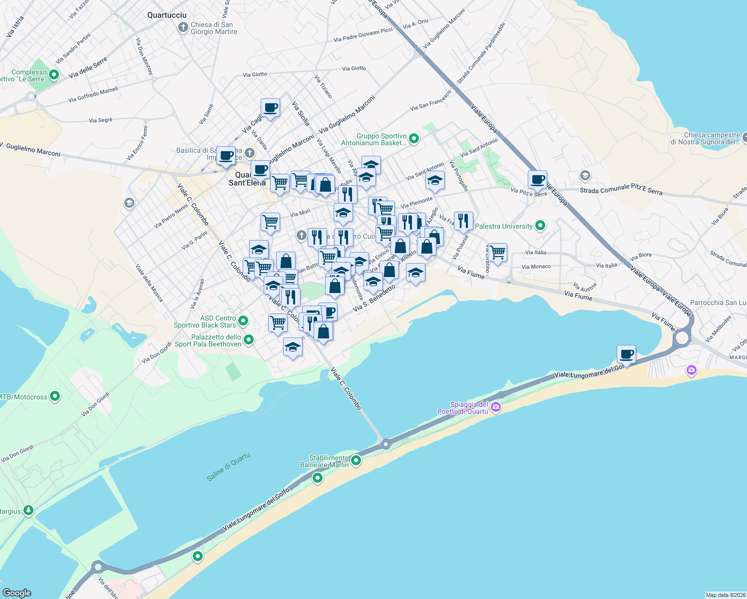 map of restaurants, bars, coffee shops, grocery stores, and more near Via Niccolò Machiavelli in Quartu Sant'Elena