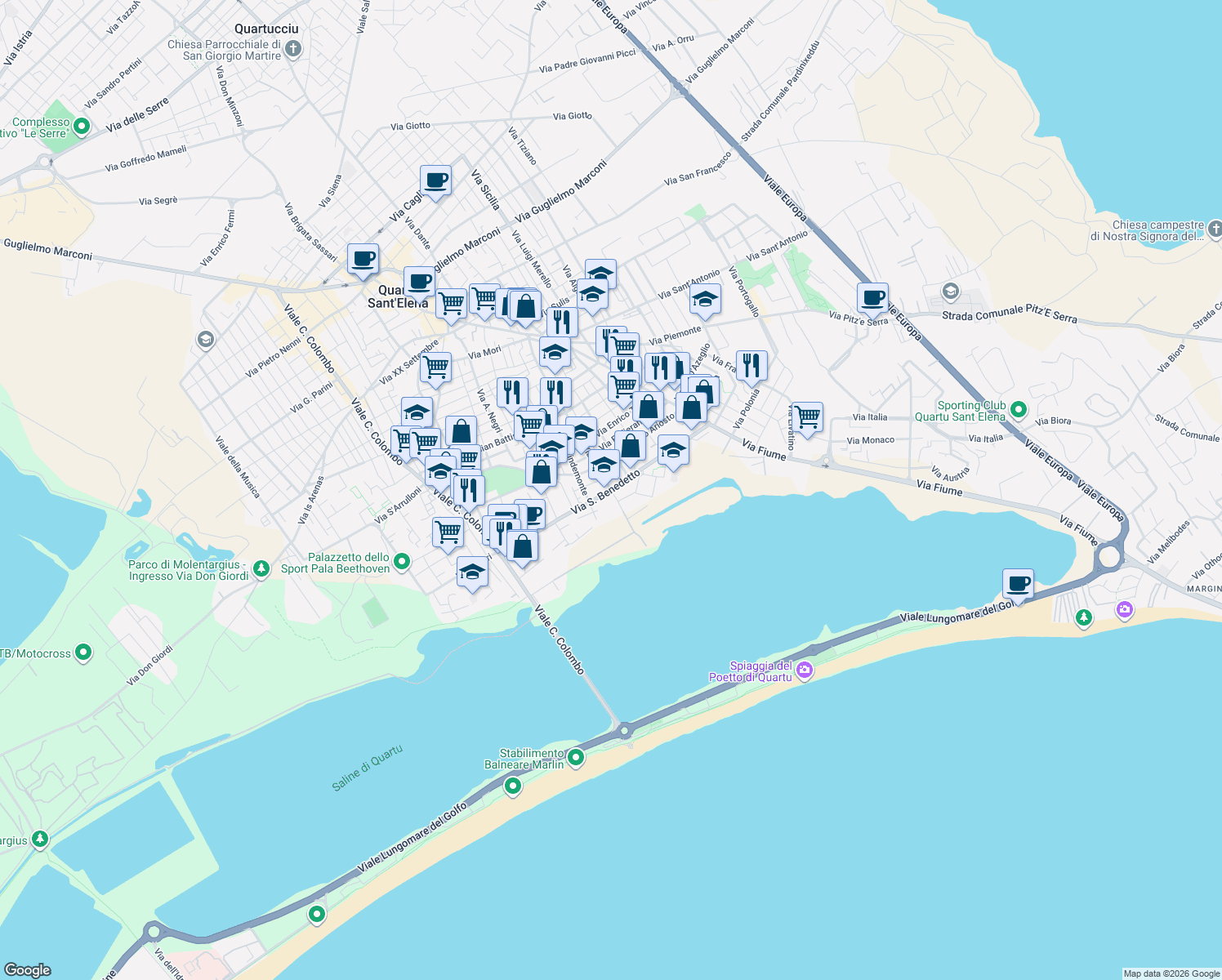 map of restaurants, bars, coffee shops, grocery stores, and more near Via Niccolò Machiavelli in Quartu Sant'Elena