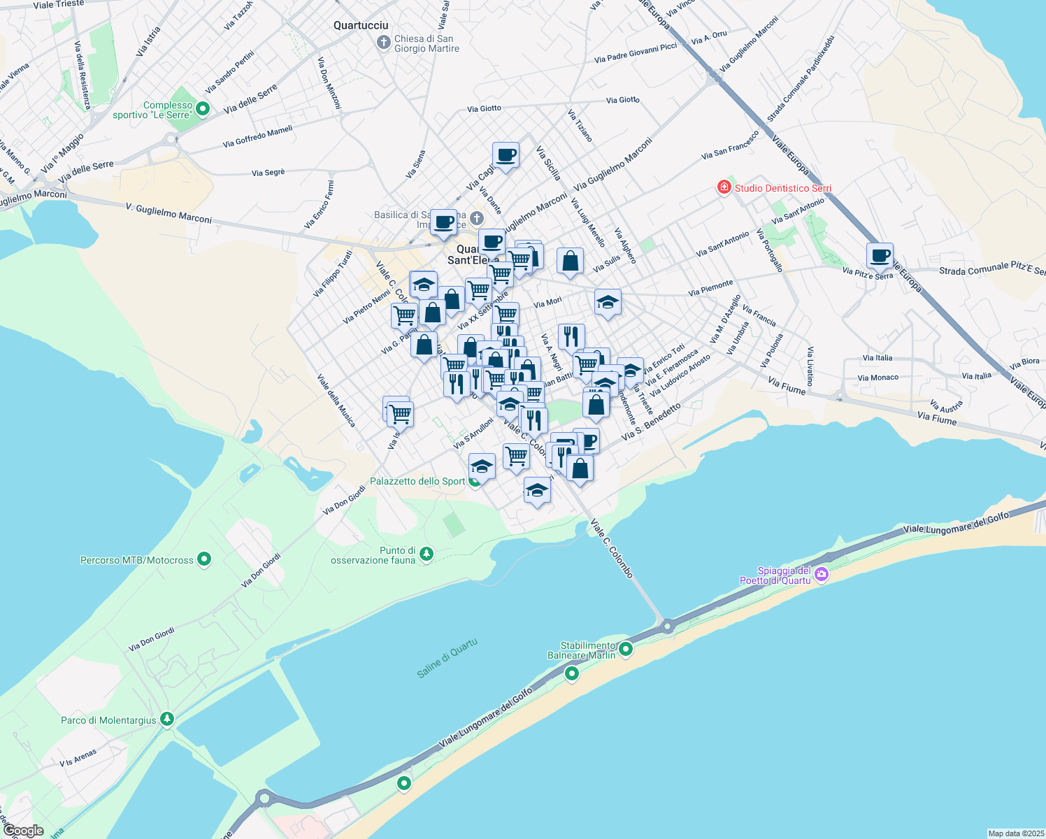 map of restaurants, bars, coffee shops, grocery stores, and more near 60 Via Panzini in Quartu Sant'Elena