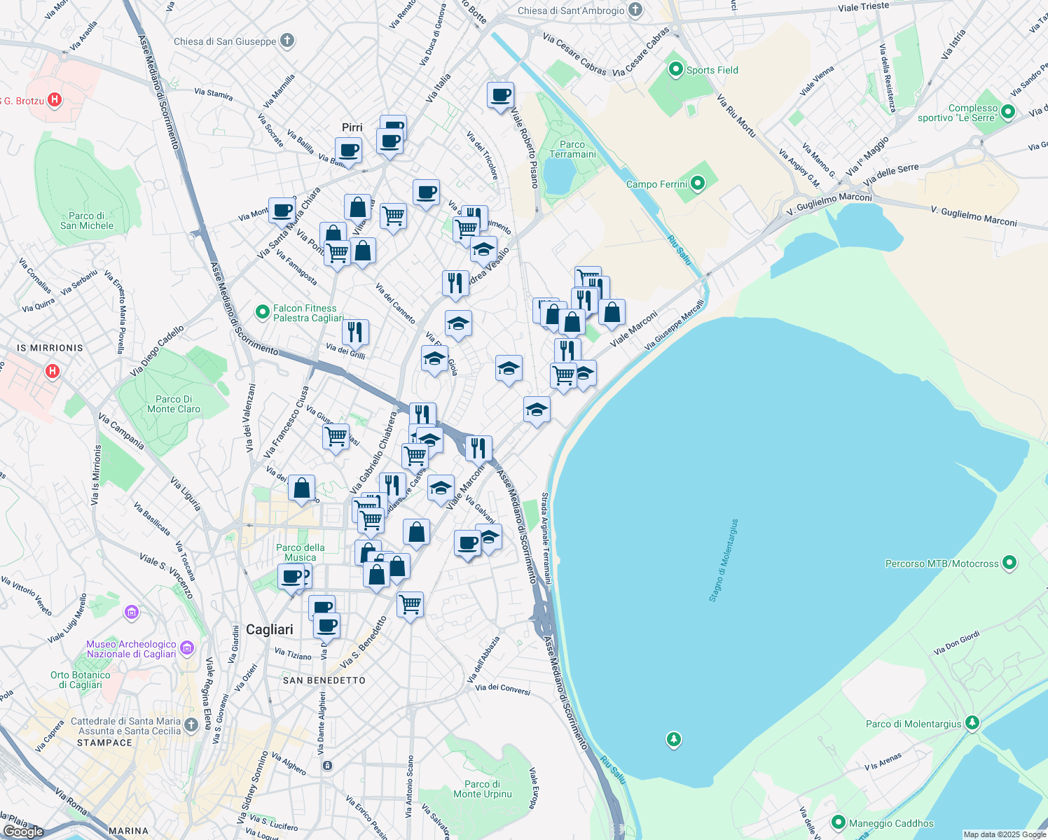 map of restaurants, bars, coffee shops, grocery stores, and more near 402 Viale Marconi in Cagliari