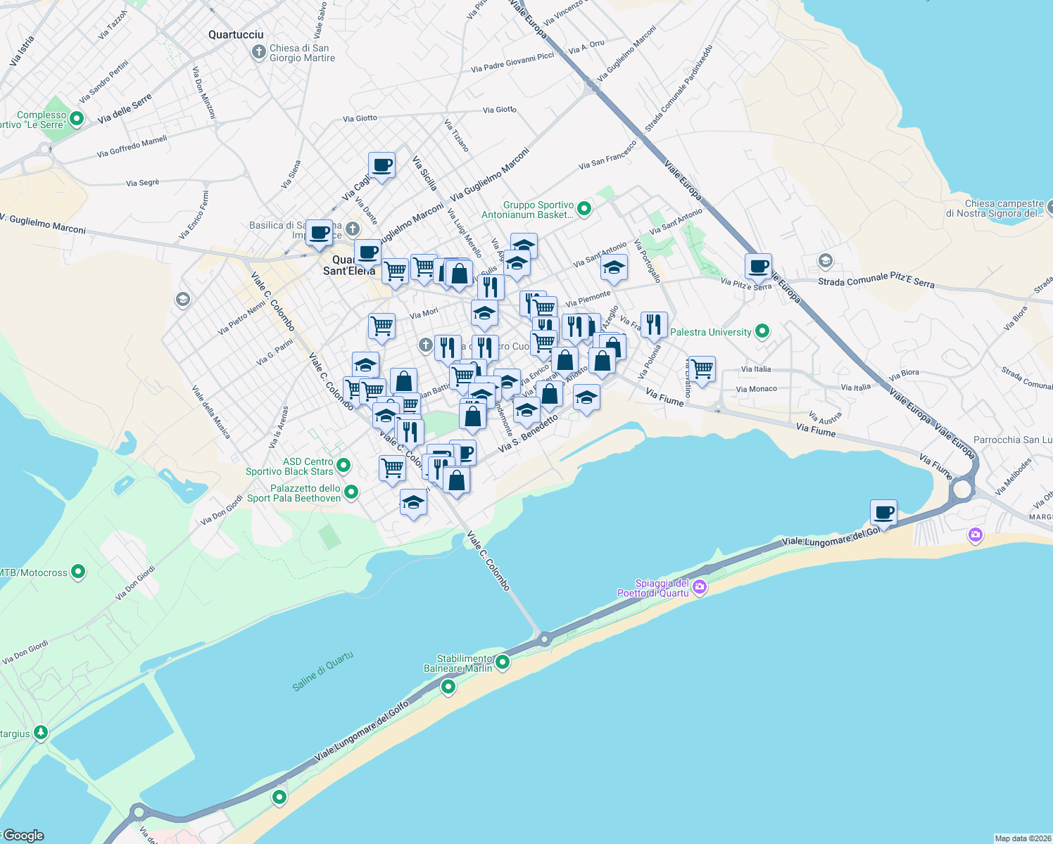 map of restaurants, bars, coffee shops, grocery stores, and more near Via Machiavelli Niccolò in Quartu Sant'Elena