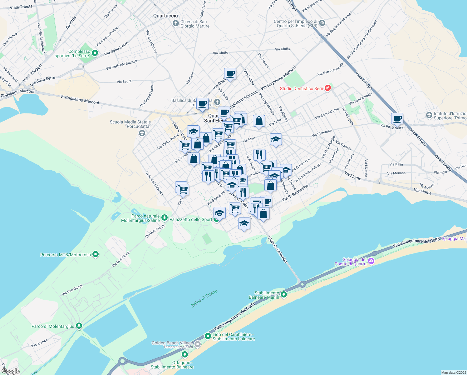 map of restaurants, bars, coffee shops, grocery stores, and more near 60 Via Panzini in Quartu Sant'Elena
