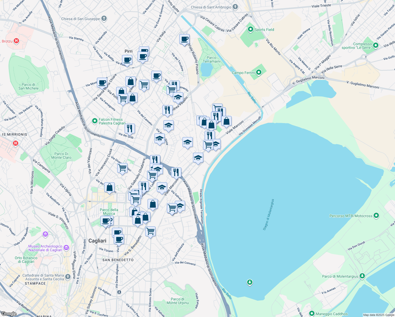 map of restaurants, bars, coffee shops, grocery stores, and more near 402 Viale Marconi in Cagliari