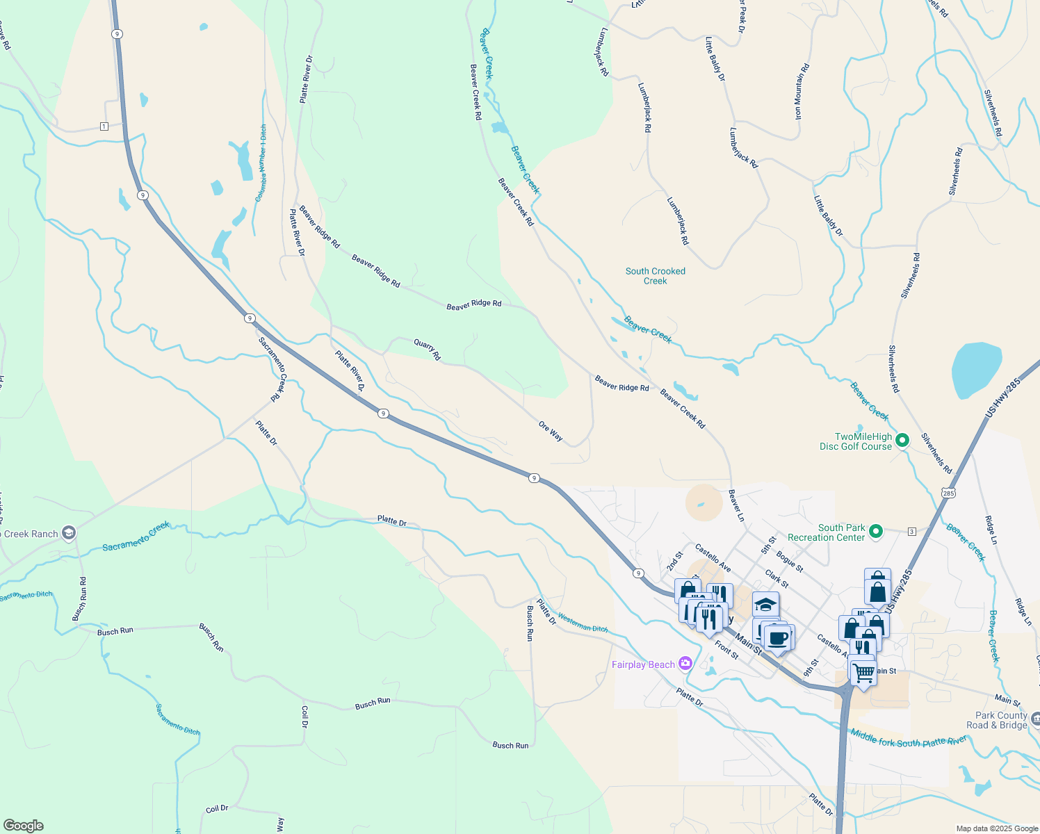 map of restaurants, bars, coffee shops, grocery stores, and more near 652 Quarry Road in Fairplay