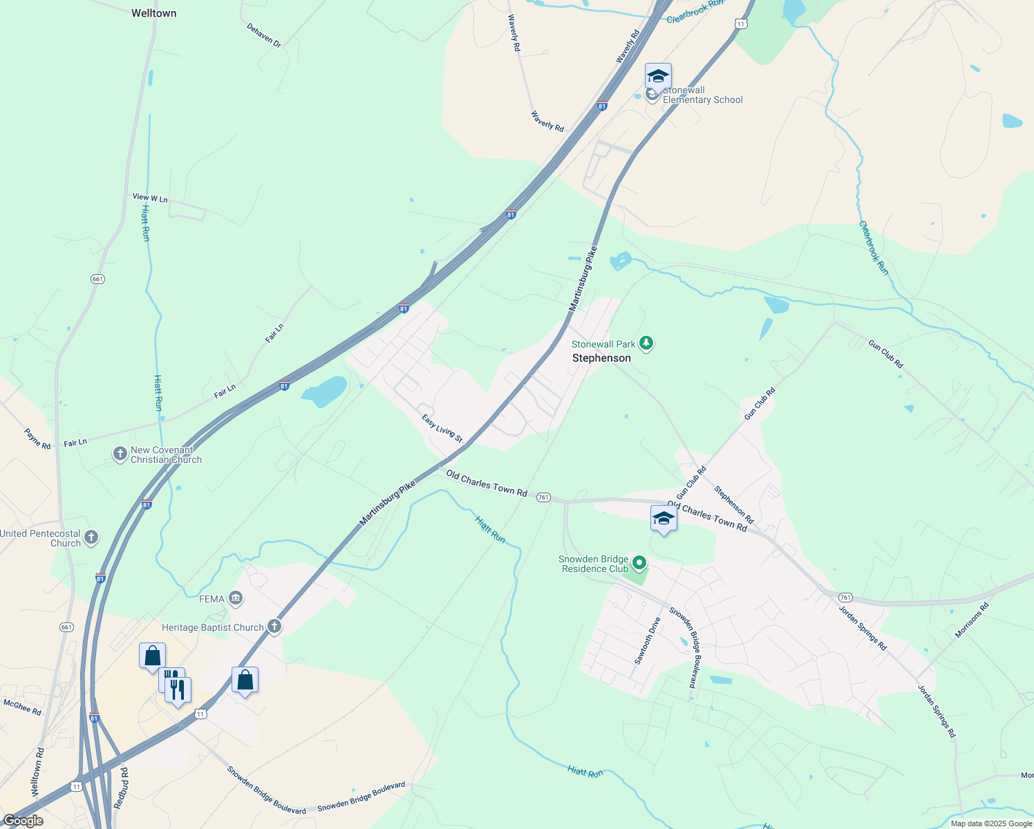 map of restaurants, bars, coffee shops, grocery stores, and more near 2592 Martinsburg Pike in Stephenson