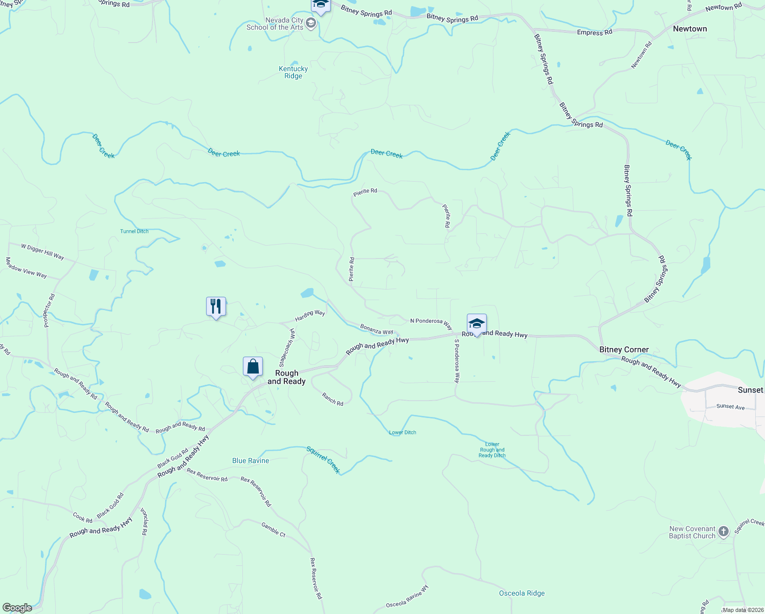 map of restaurants, bars, coffee shops, grocery stores, and more near 10389 North Ponderosa Way in Rough and Ready