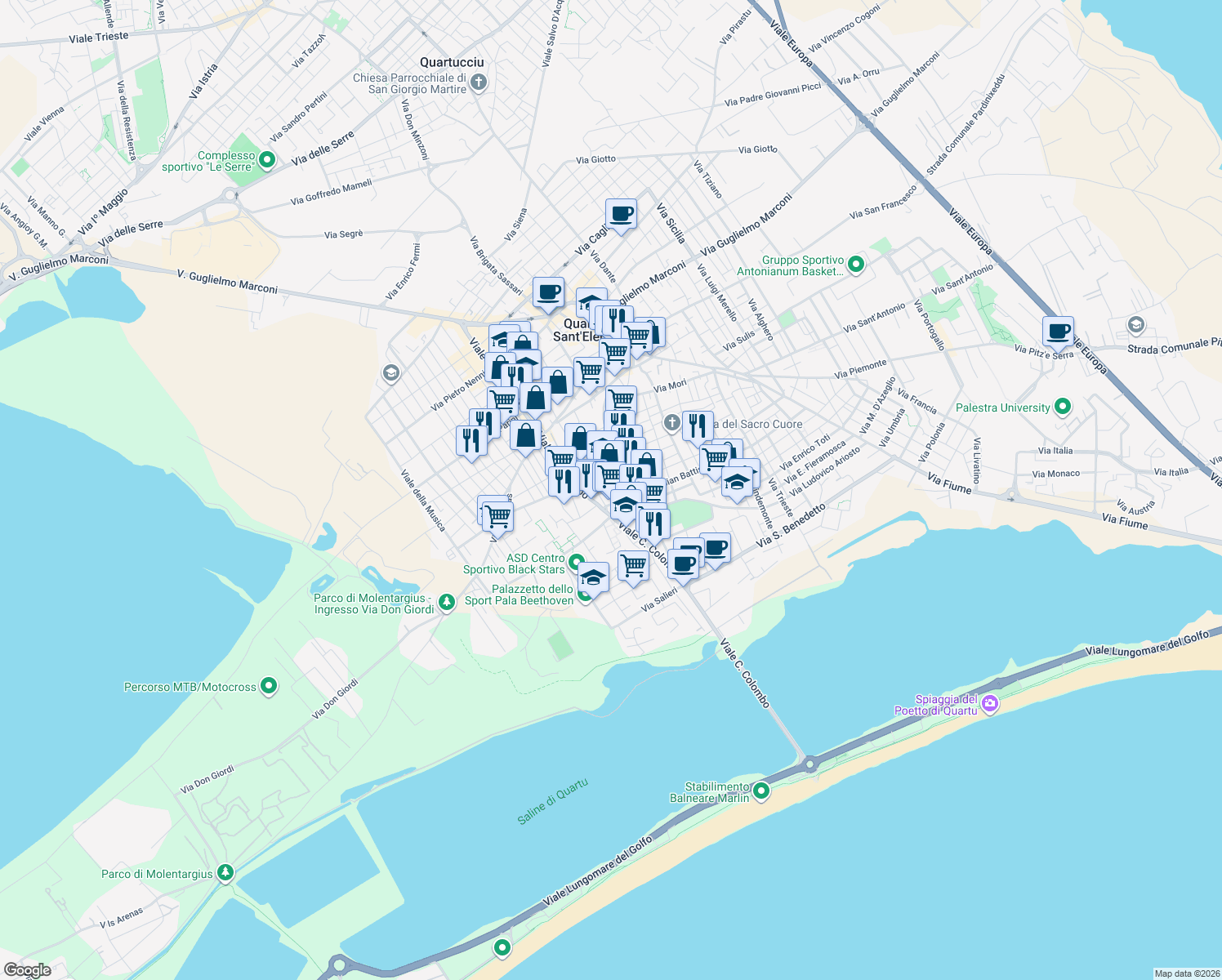 map of restaurants, bars, coffee shops, grocery stores, and more near 29 Via Ugo Foscolo in Quartu Sant'Elena