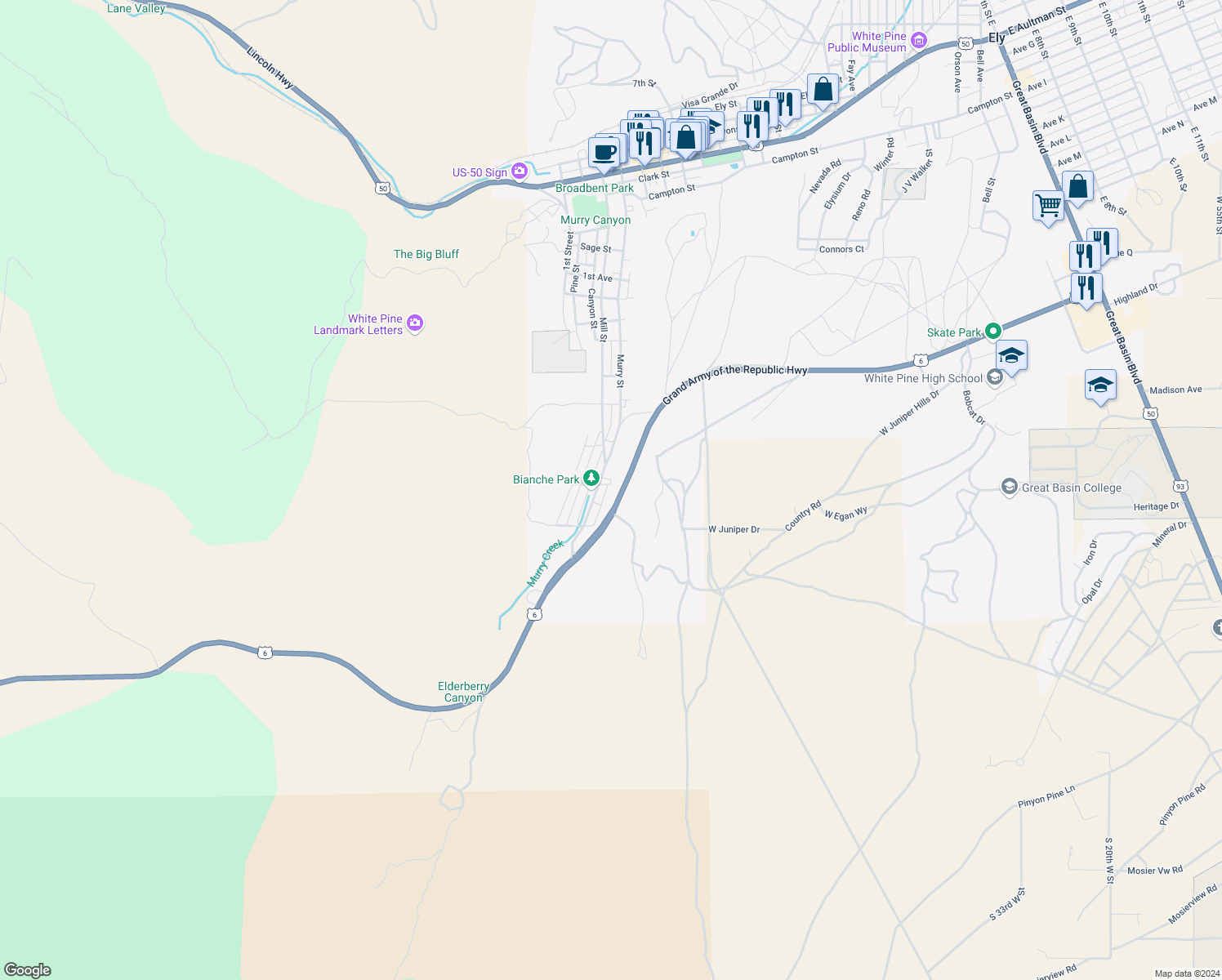 map of restaurants, bars, coffee shops, grocery stores, and more near U.S. 6 in Ely