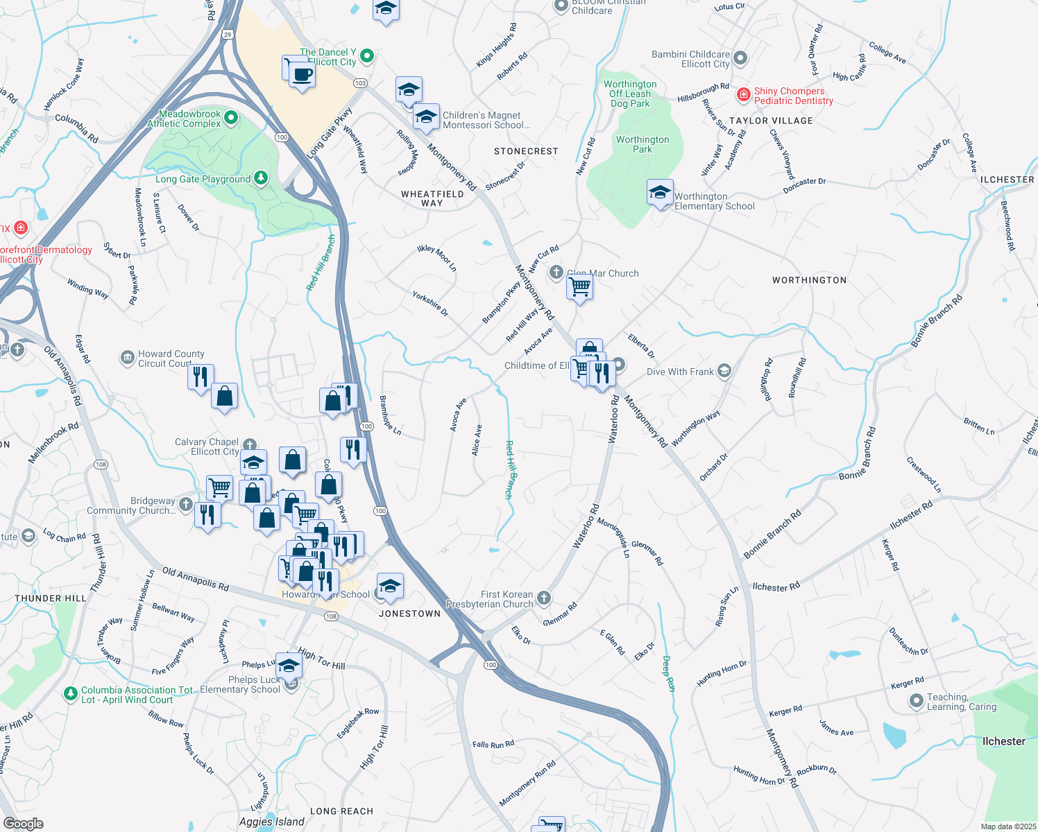 map of restaurants, bars, coffee shops, grocery stores, and more near 8556 Dina Lane in Ellicott City