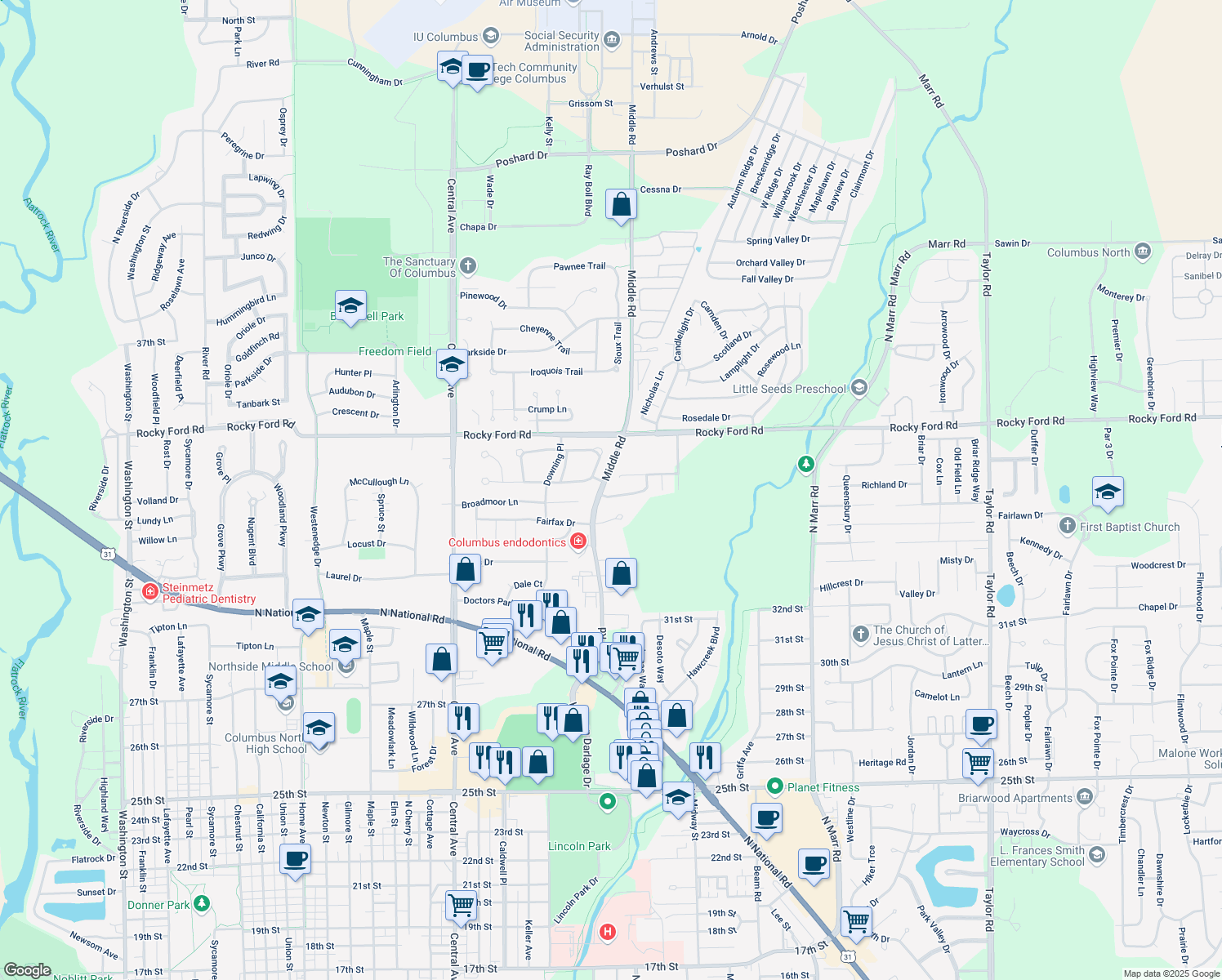 map of restaurants, bars, coffee shops, grocery stores, and more near 2452 Cedar Crest Drive in Columbus