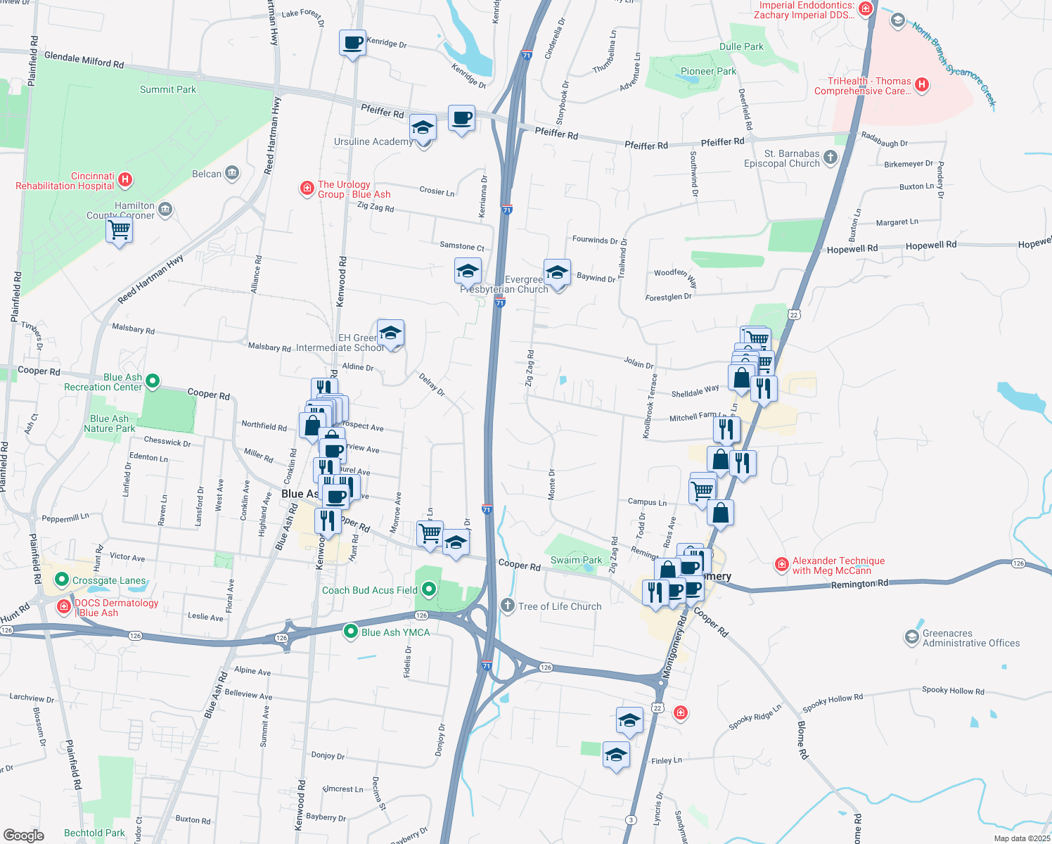 map of restaurants, bars, coffee shops, grocery stores, and more near 8815 Monte Drive in Cincinnati