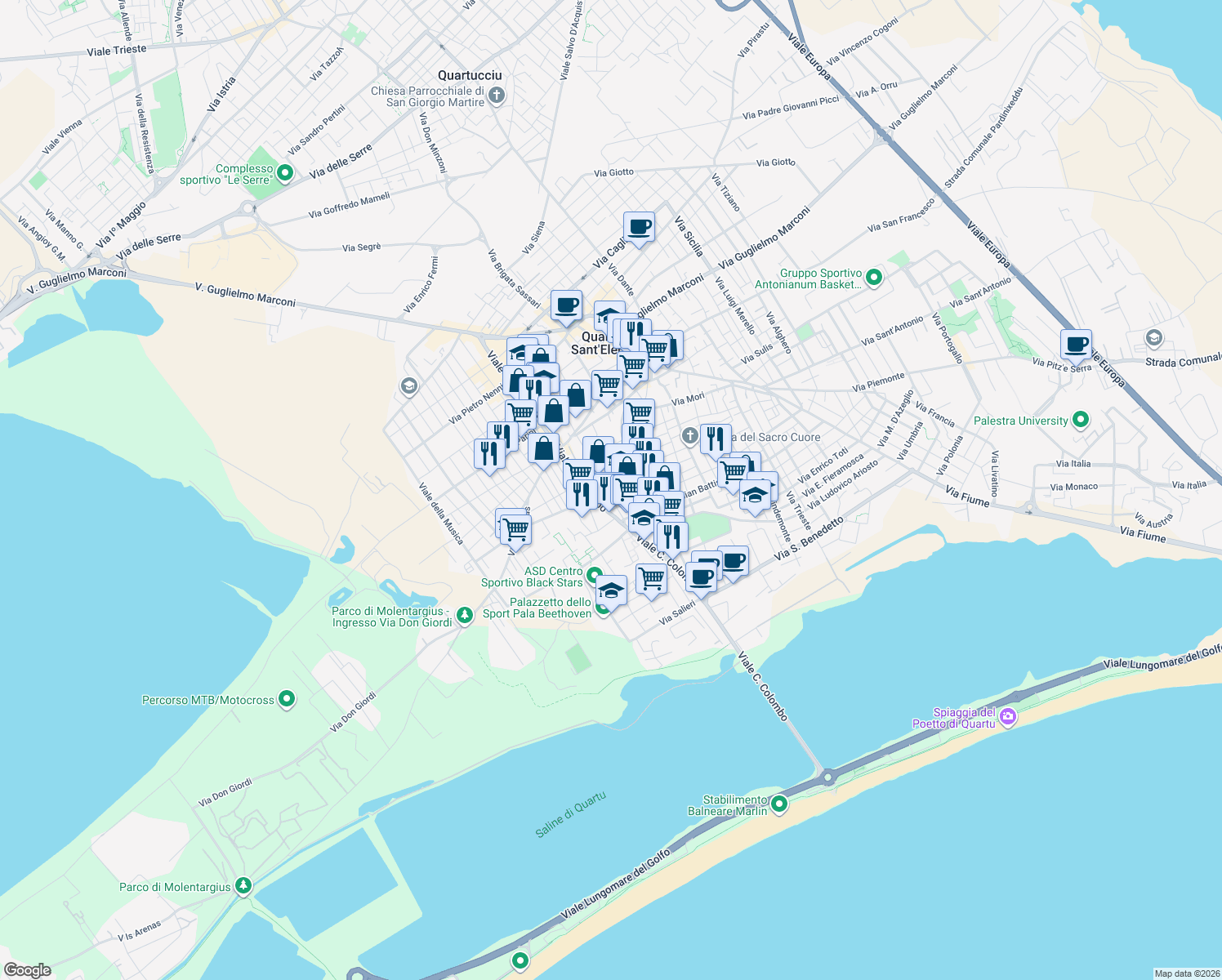 map of restaurants, bars, coffee shops, grocery stores, and more near 29 Via Ugo Foscolo in Quartu Sant'Elena