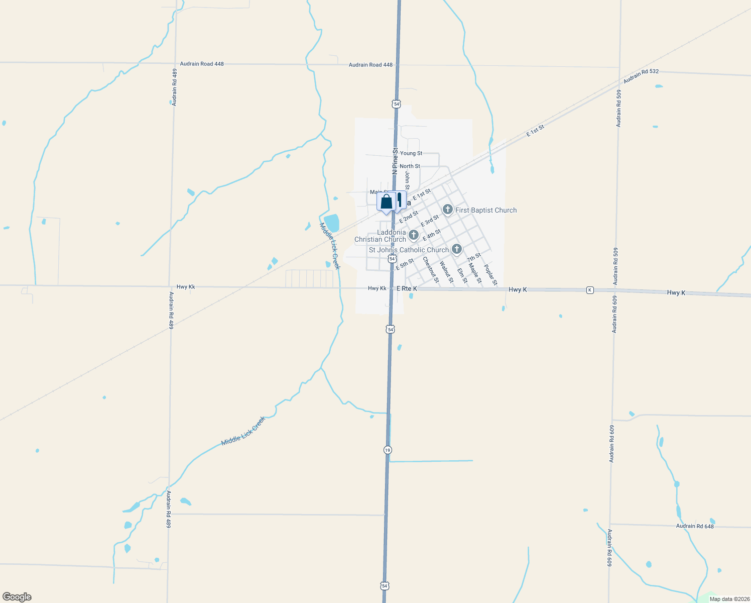 map of restaurants, bars, coffee shops, grocery stores, and more near 700 South Pine Street in Laddonia
