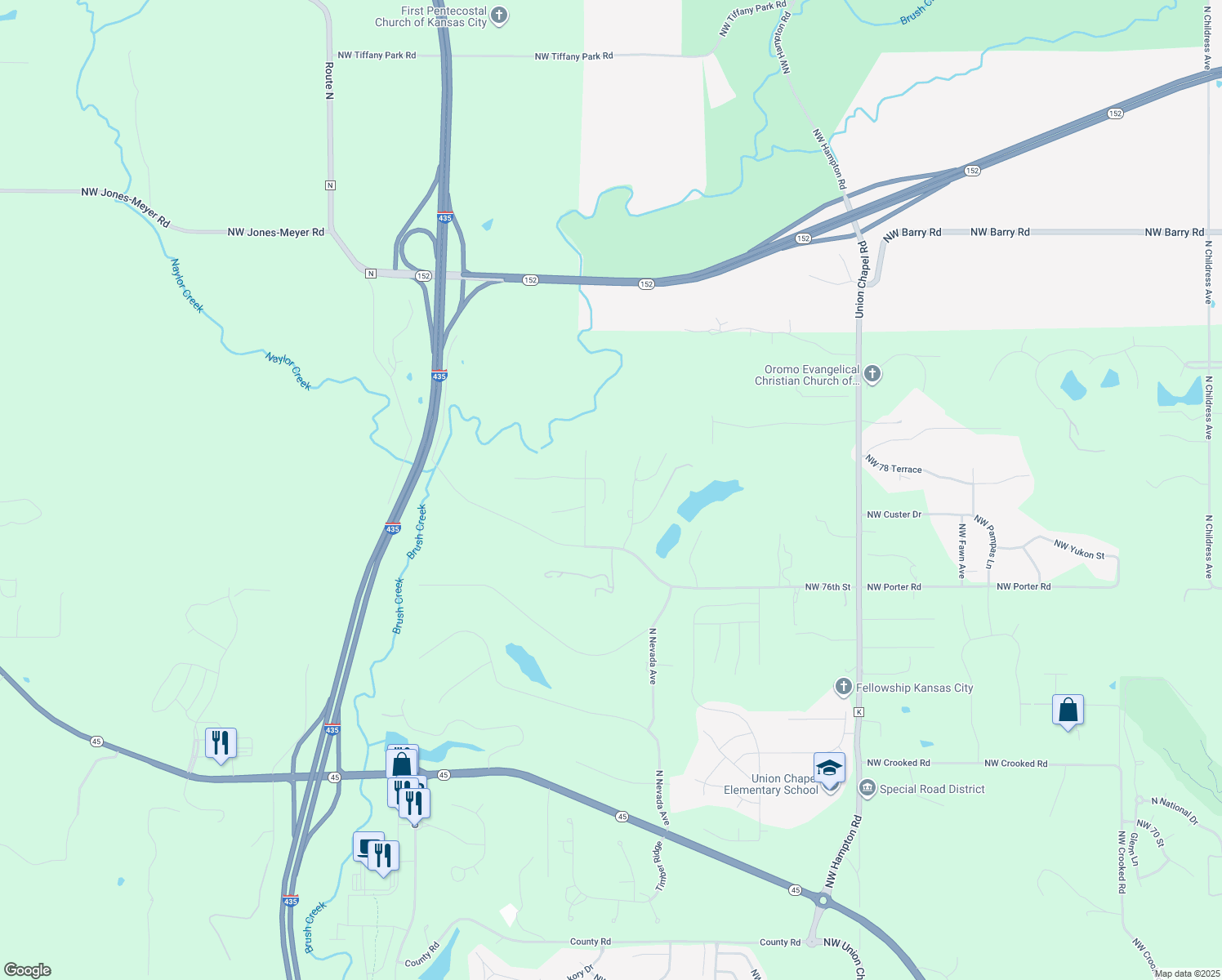 map of restaurants, bars, coffee shops, grocery stores, and more near 7708 Northwest Paradise Lane in Parkville