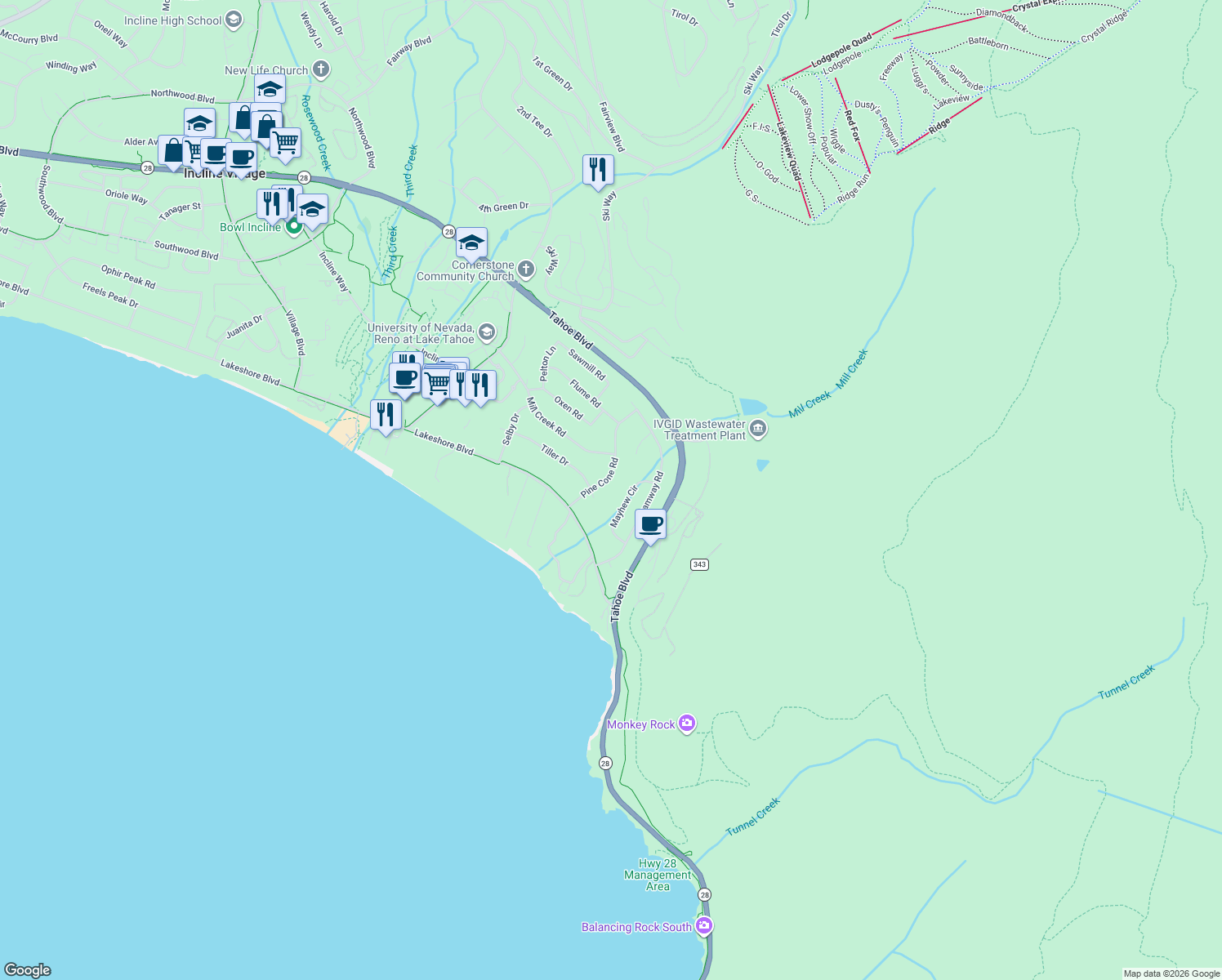 map of restaurants, bars, coffee shops, grocery stores, and more near 122 Pine Cone Road in Incline Village