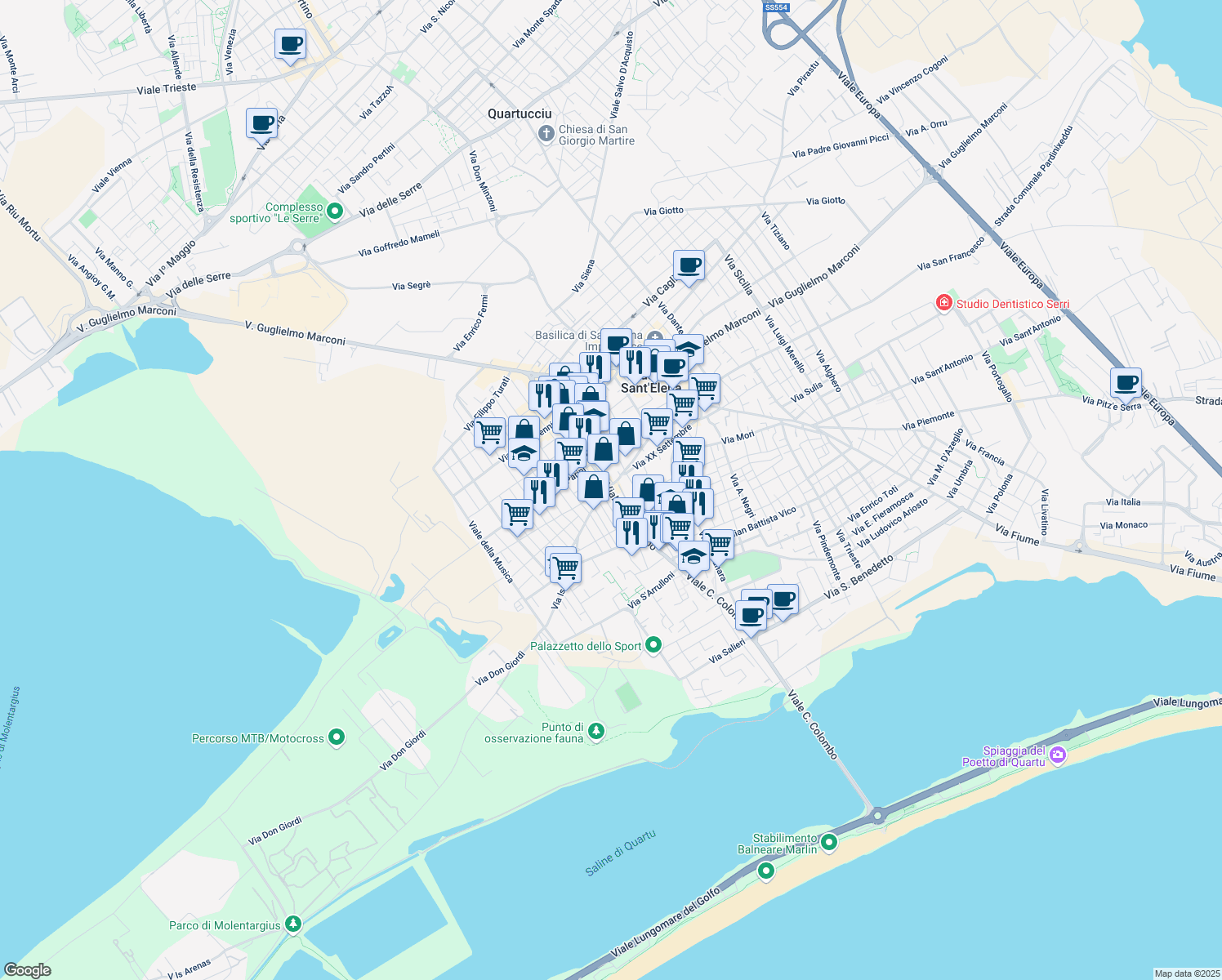 map of restaurants, bars, coffee shops, grocery stores, and more near 71 Viale C. Colombo in Quartu Sant'Elena