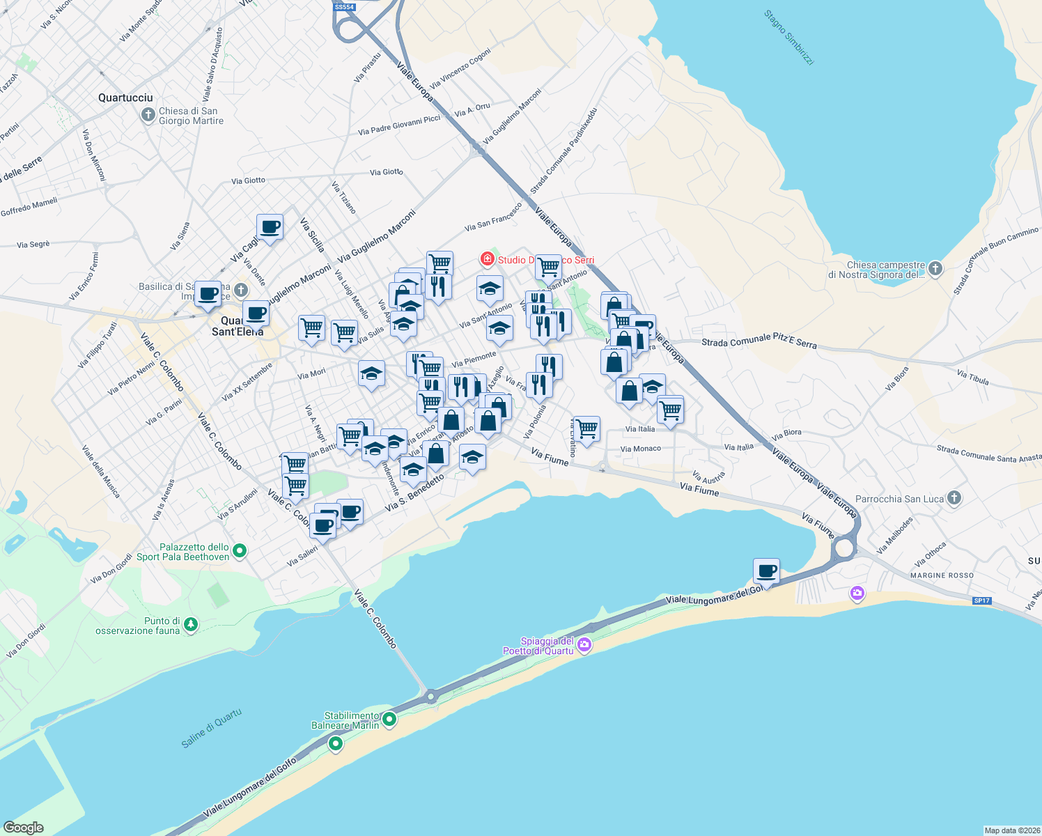 map of restaurants, bars, coffee shops, grocery stores, and more near 18 Via Solferino in Quartu Sant'Elena