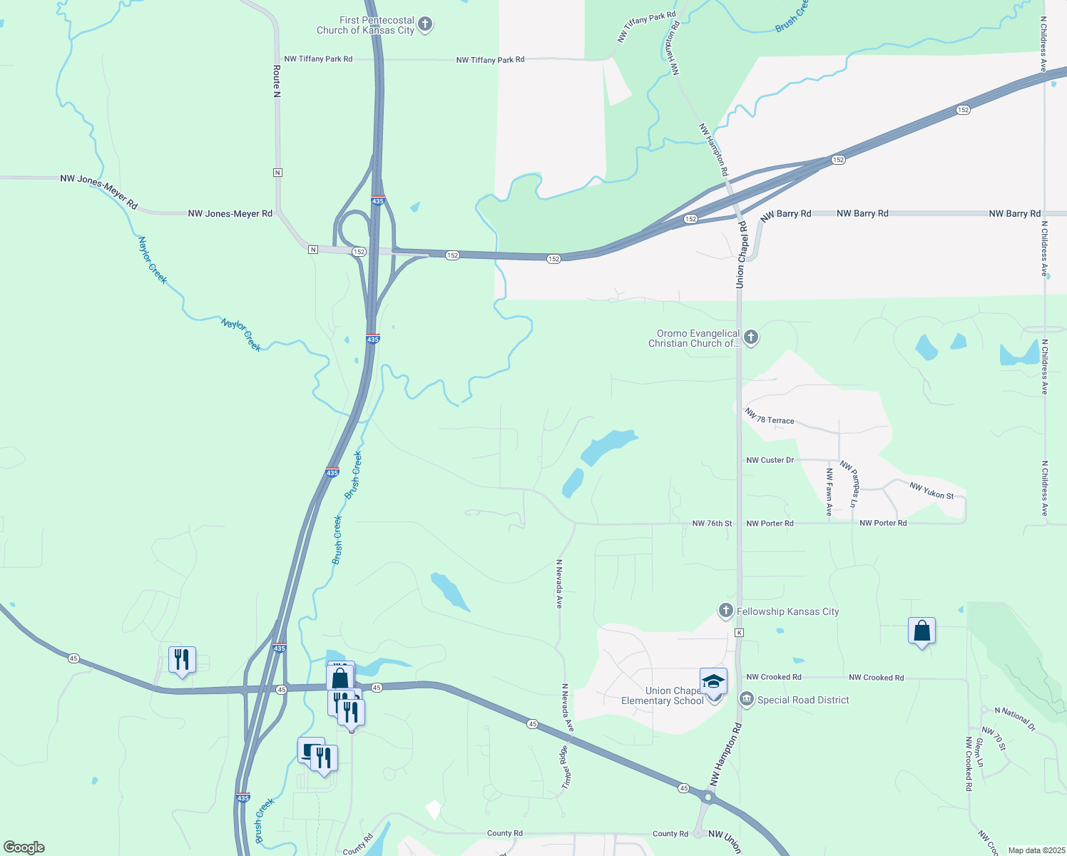 map of restaurants, bars, coffee shops, grocery stores, and more near 7708 Northwest Paradise Lane in Parkville
