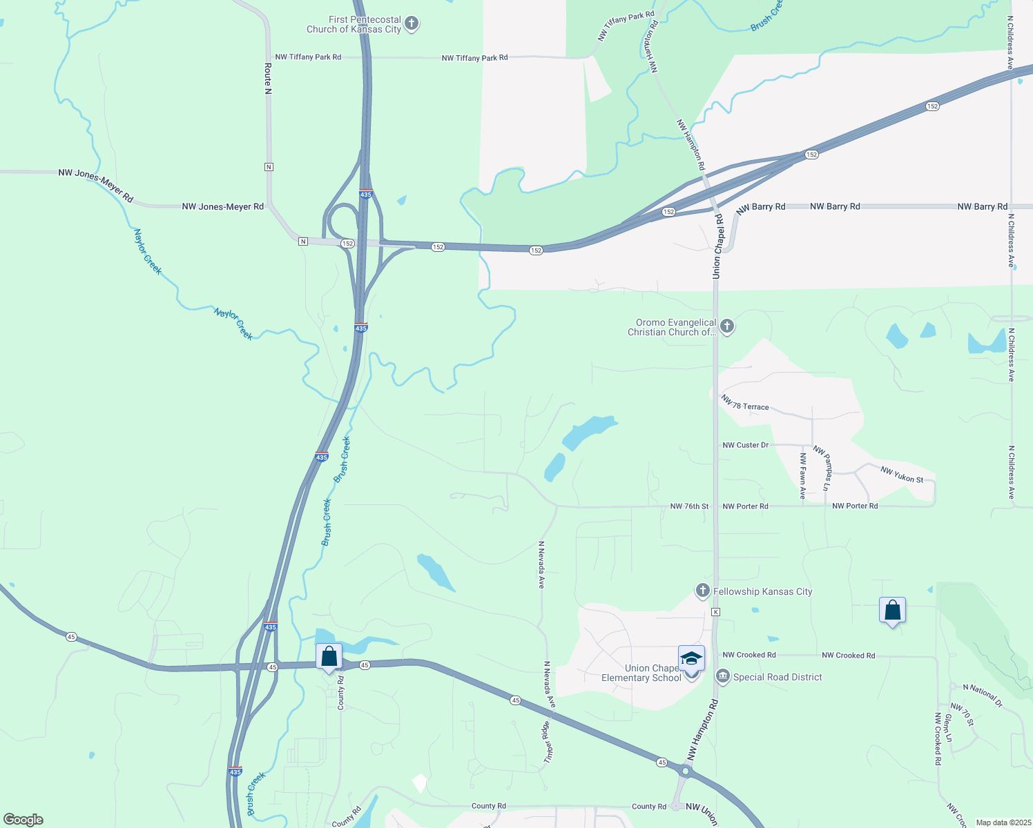 map of restaurants, bars, coffee shops, grocery stores, and more near 7708 Northwest Paradise Lane in Parkville