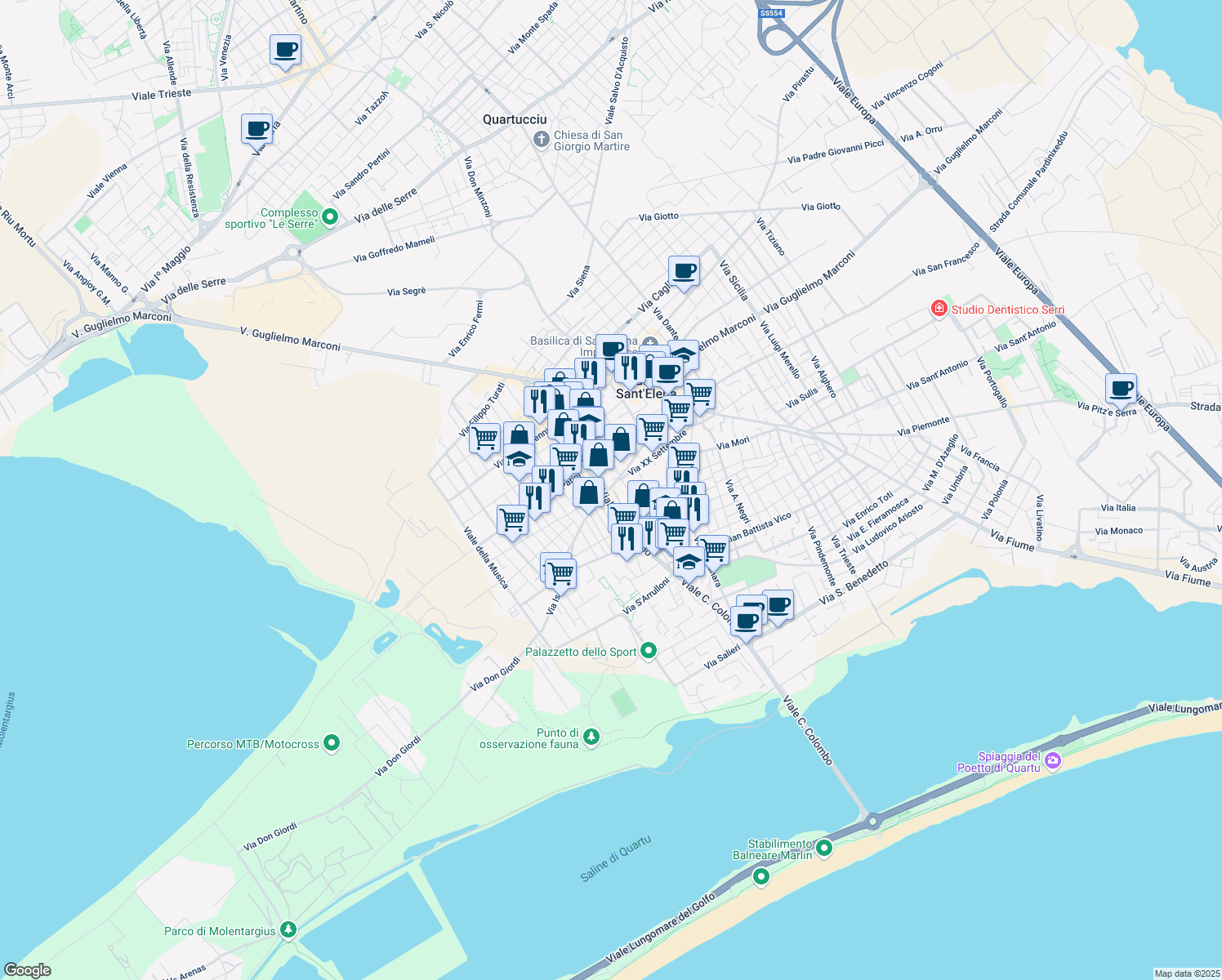 map of restaurants, bars, coffee shops, grocery stores, and more near 71 Viale Colombo in Quartu Sant'Elena