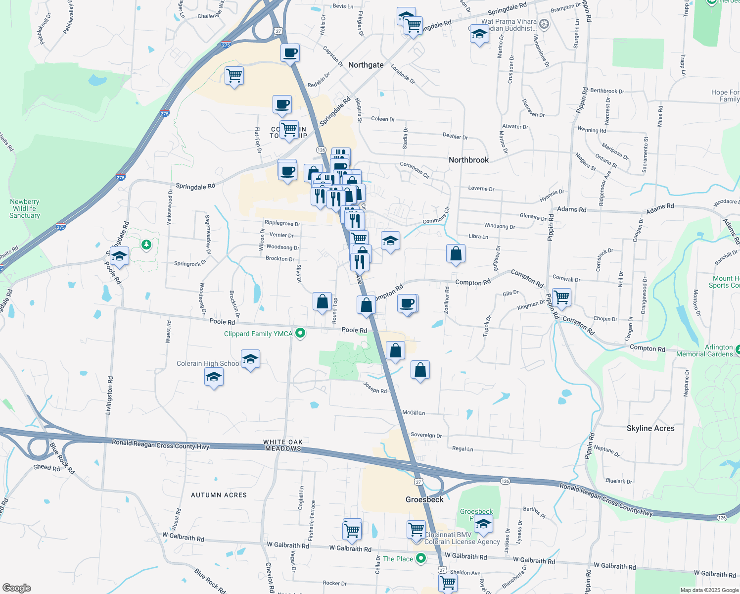 map of restaurants, bars, coffee shops, grocery stores, and more near 3390 Compton Road in Cincinnati