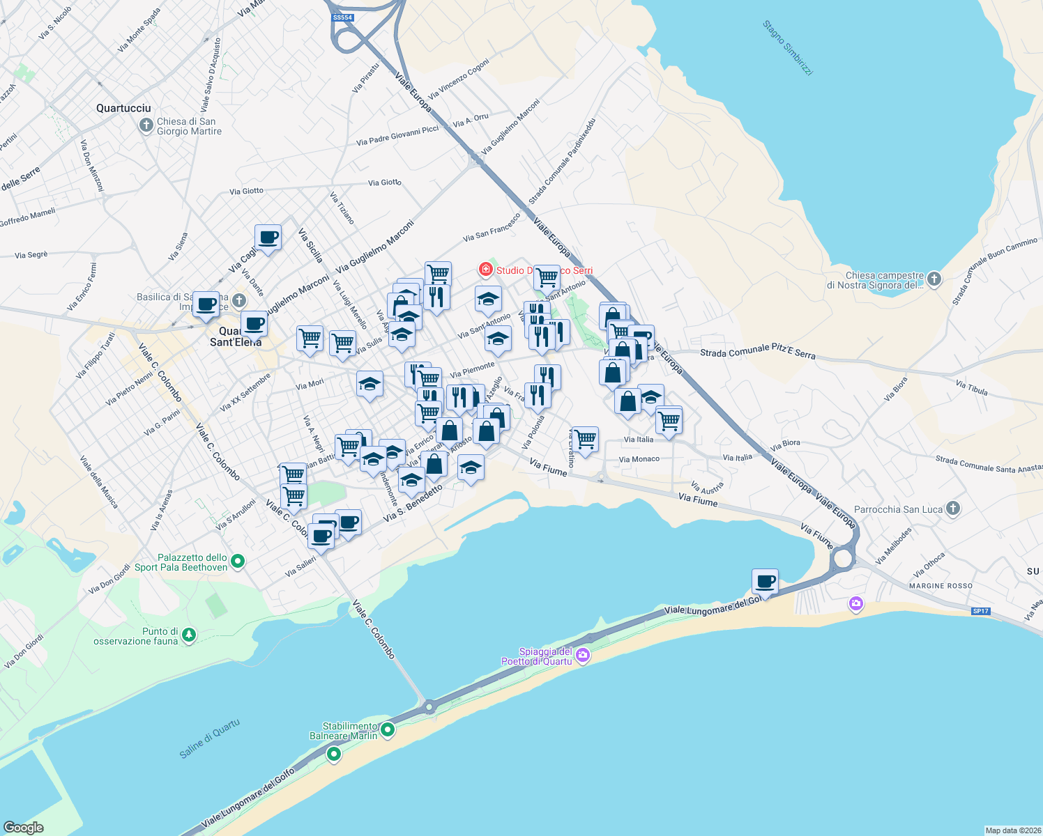 map of restaurants, bars, coffee shops, grocery stores, and more near 18 Via Solferino in Quartu Sant'Elena