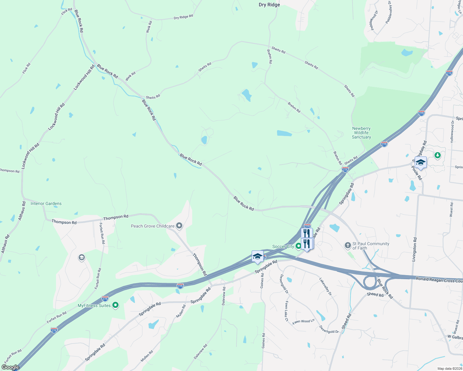 map of restaurants, bars, coffee shops, grocery stores, and more near 5996 Blue Rock Road in Cincinnati