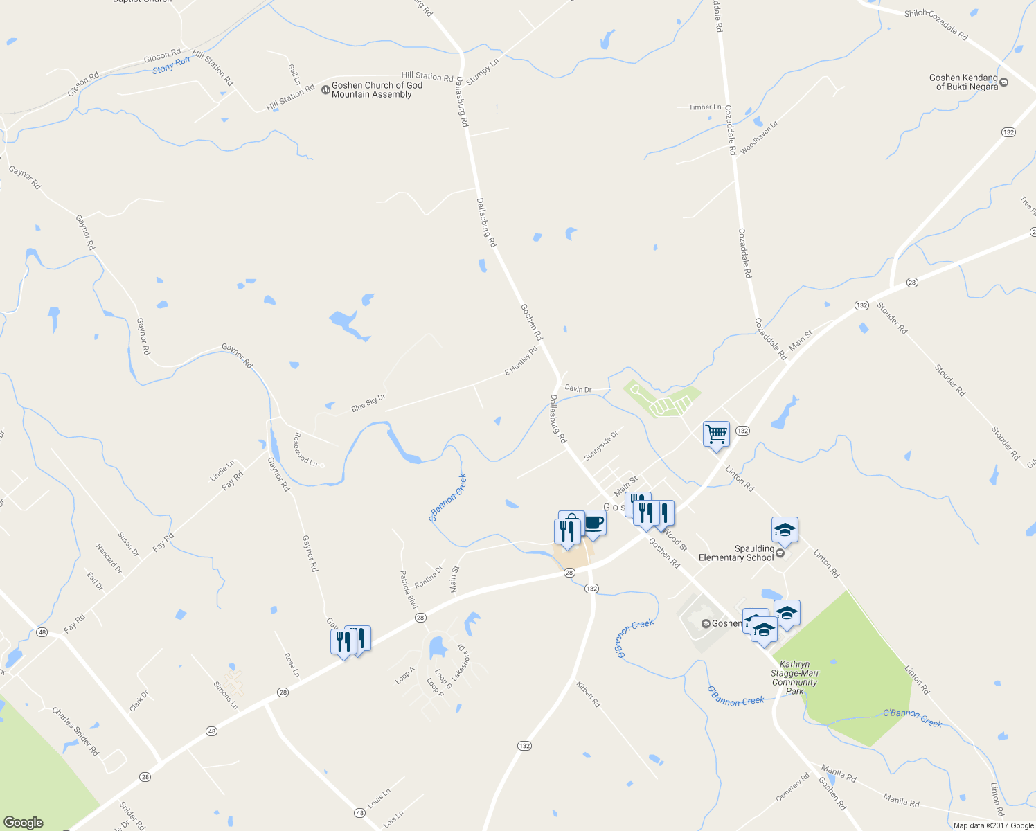 map of restaurants, bars, coffee shops, grocery stores, and more near 1775 East Huntley Road in Goshen