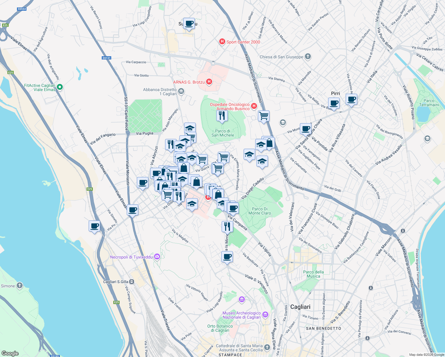 map of restaurants, bars, coffee shops, grocery stores, and more near 44 Via Baudi Carlo di Vesme in Cagliari