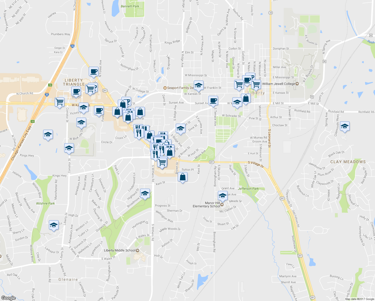 map of restaurants, bars, coffee shops, grocery stores, and more near 725 West Brown Street in Liberty