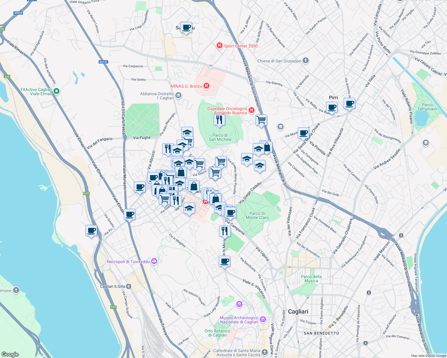 map of restaurants, bars, coffee shops, grocery stores, and more near 44 Via Baudi Carlo di Vesme in Cagliari