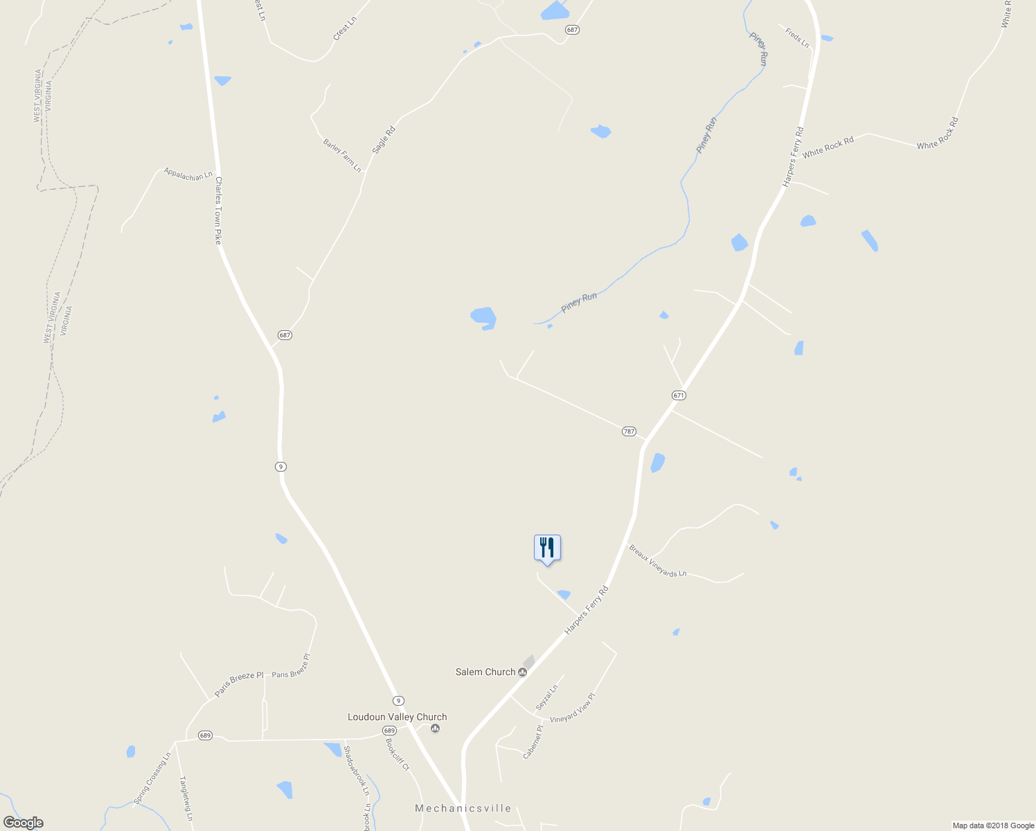 map of restaurants, bars, coffee shops, grocery stores, and more near 36531 Kidwell Rd in Purcellville