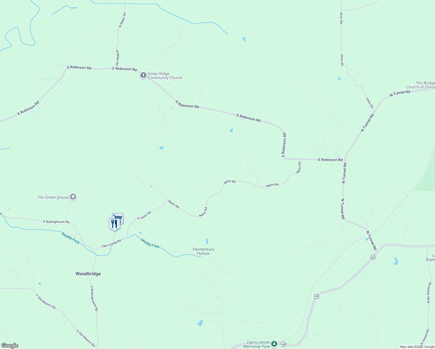 map of restaurants, bars, coffee shops, grocery stores, and more near 5957 Nehrt Road in Bloomington