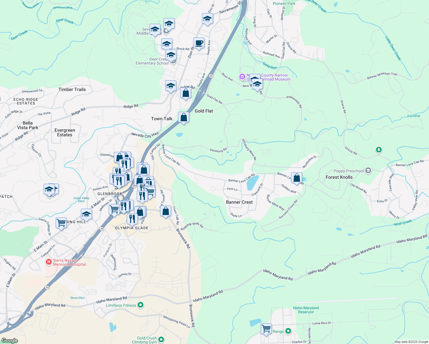 map of restaurants, bars, coffee shops, grocery stores, and more near 10536 Banner Lava Cap Road in Nevada City